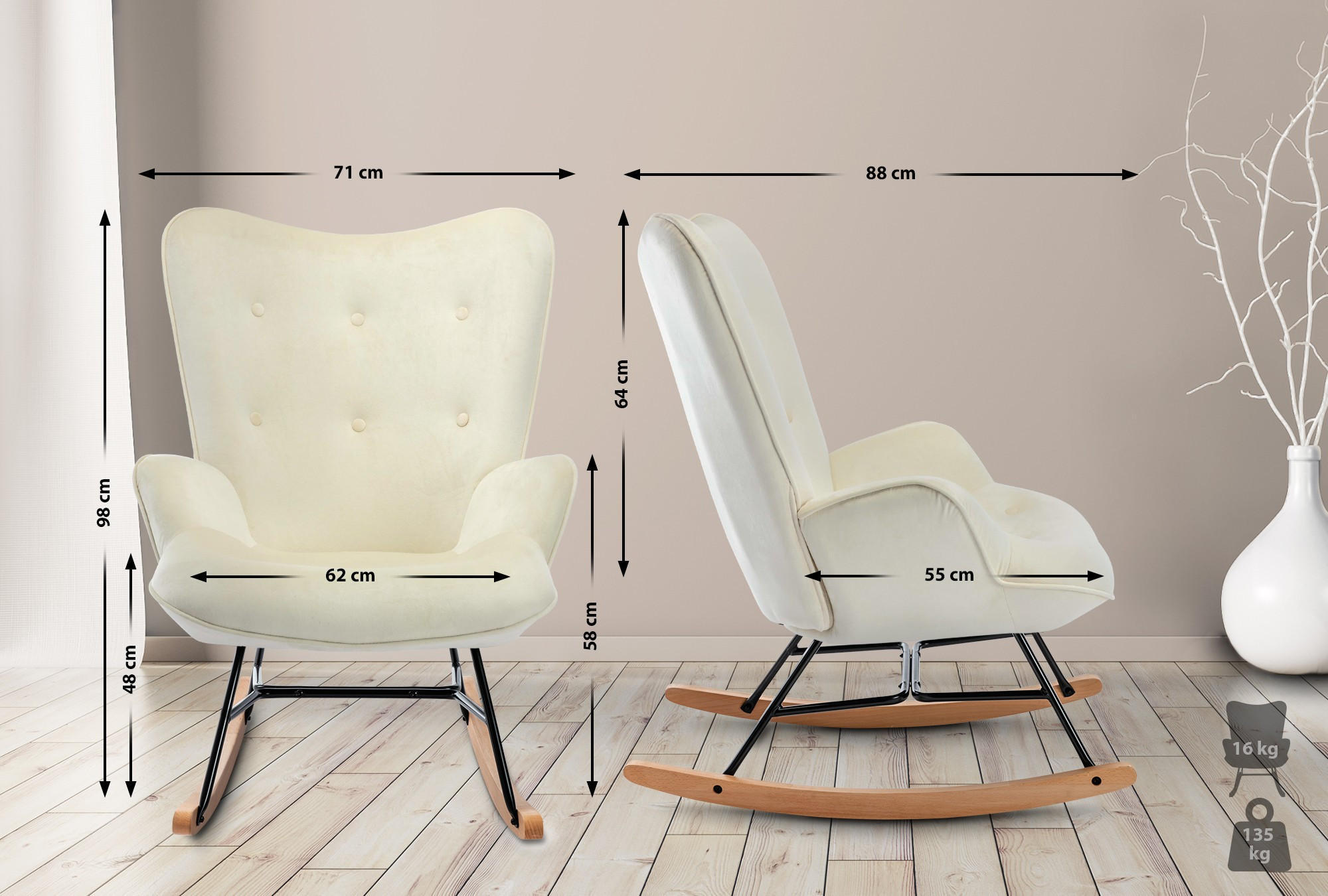 SCHAUKELSTUHL Samt creme - Creme, Textil/Metall (71/98/88cm) - CLP