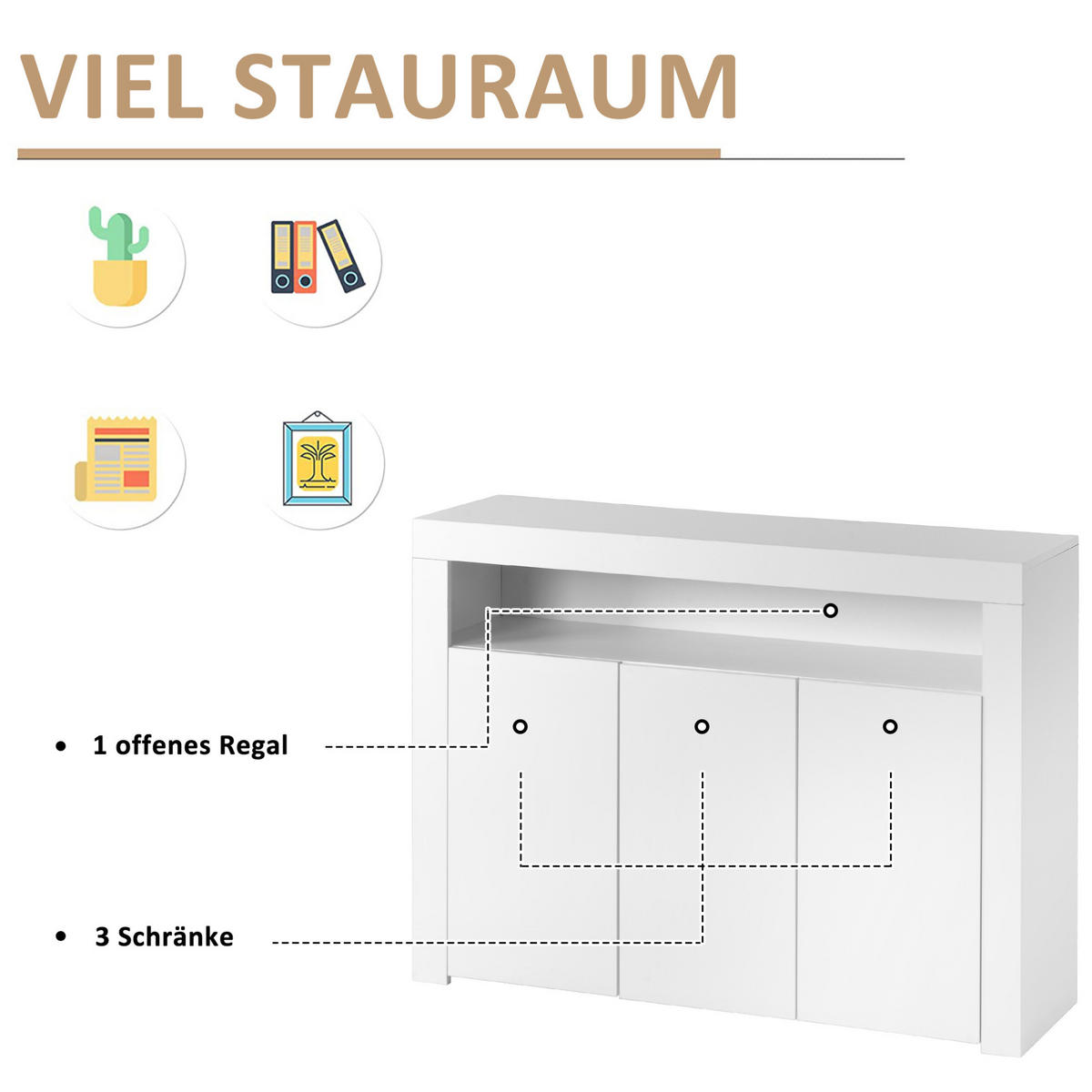 KOMODA z dřevotřísky 130x35x95 cm bílá s LED osvětlením, 3 dvířky a otevřenými policemi ve vysokém lesku - bílá, kompozitní dřevo (130/95/35cm) - Modfu