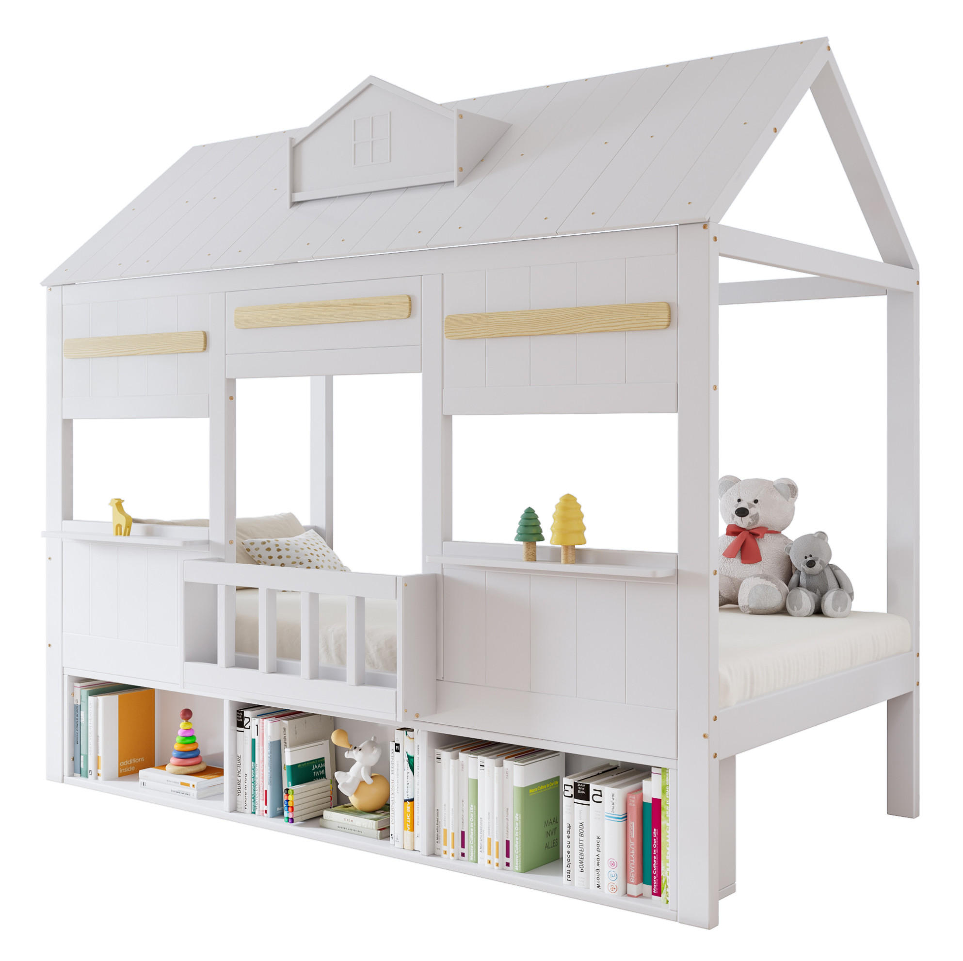 HAUSBETT 90/200 cm Weiß aus Kiefer und MDF mit Bücherregal - Weiß, Holz (90/200cm) - OKMYHOME