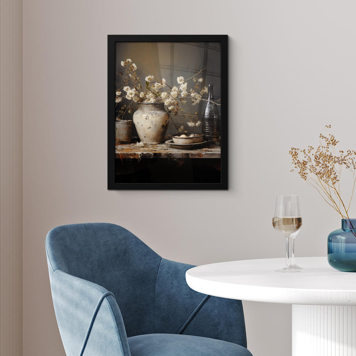 GERAHMTES BILD Stilleben - Blumen - Blumenstrauß - Vase - Wein 30x40 cm - Schwarz, Papier (30/40cm) - MuchoWow
