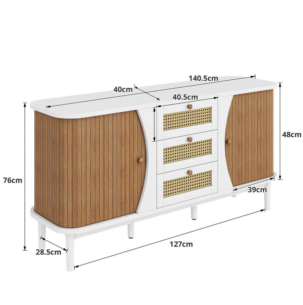 SIDEBOARD aus MDF und Spanplatte 140,5x40x76 cm Weiß-Holzfarben mit Rattanschubladen - Weiß, Holzwerkstoff (140.5/76/40cm) - IVMEU