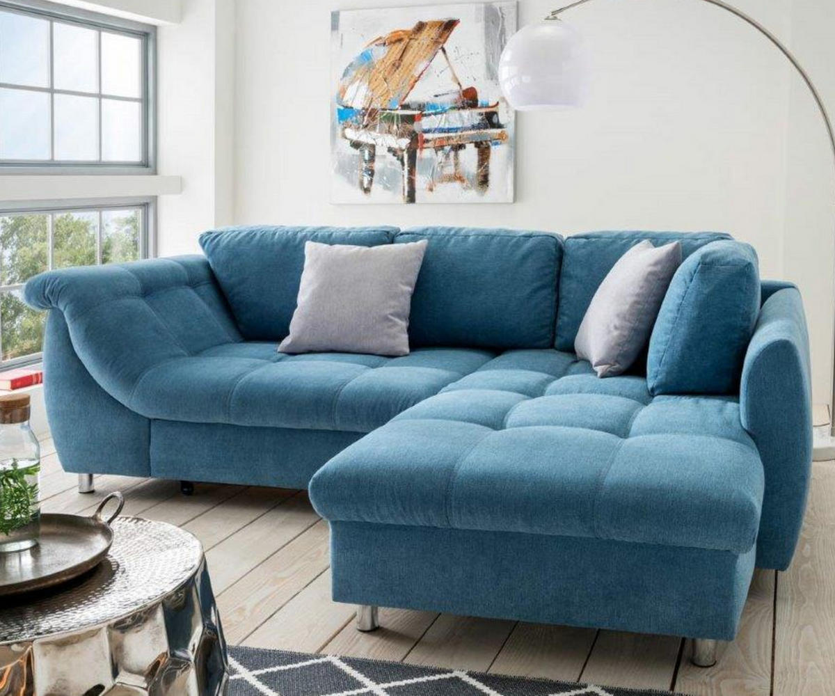 ECKSOFA mit Schlaffunktion, Wellenunterfederung, Ottomane rechts B250/T190/H84 cm, Liegefl. 179x190 cm, Mikrofaser Blau / 17107 - Blau/Chromfarben, Textil/Metall (250/190cm) - luma-home