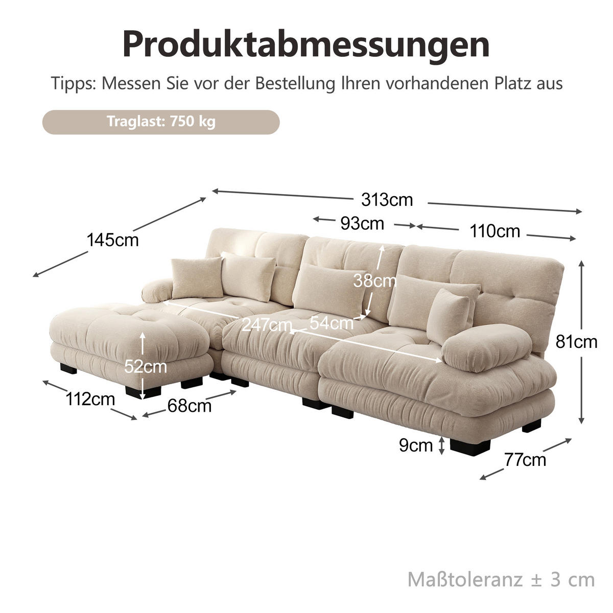 ECKSOFA DE-34065 L-förmig mit Ottoman Hellbraun - Hellbraun, Holz (145/313cm) - ComfortXL
