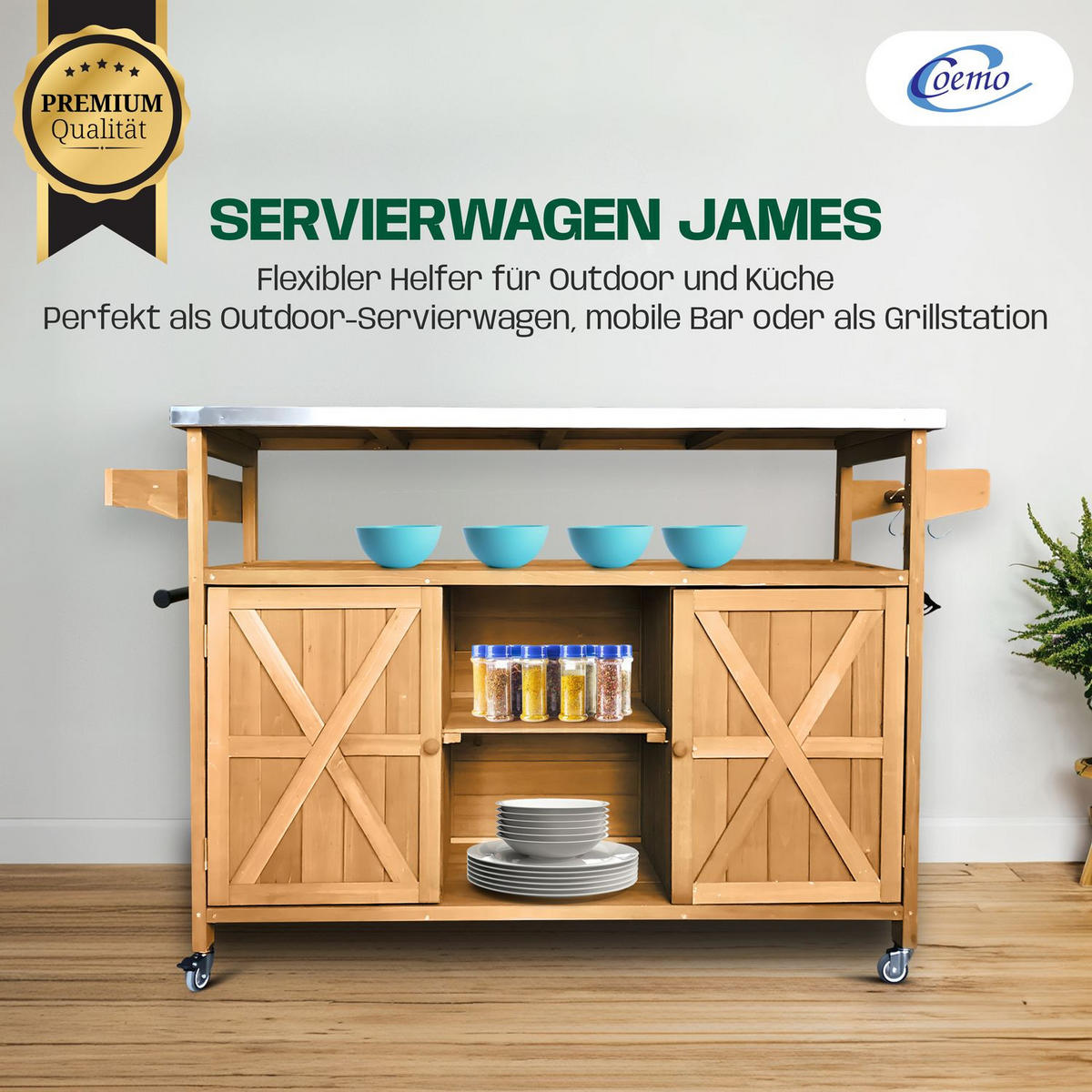 SERVIERWAGEN JAMES OUTDOOR 138/47/92 cm - Braun, Holz (47/92/138cm) - Coemo
