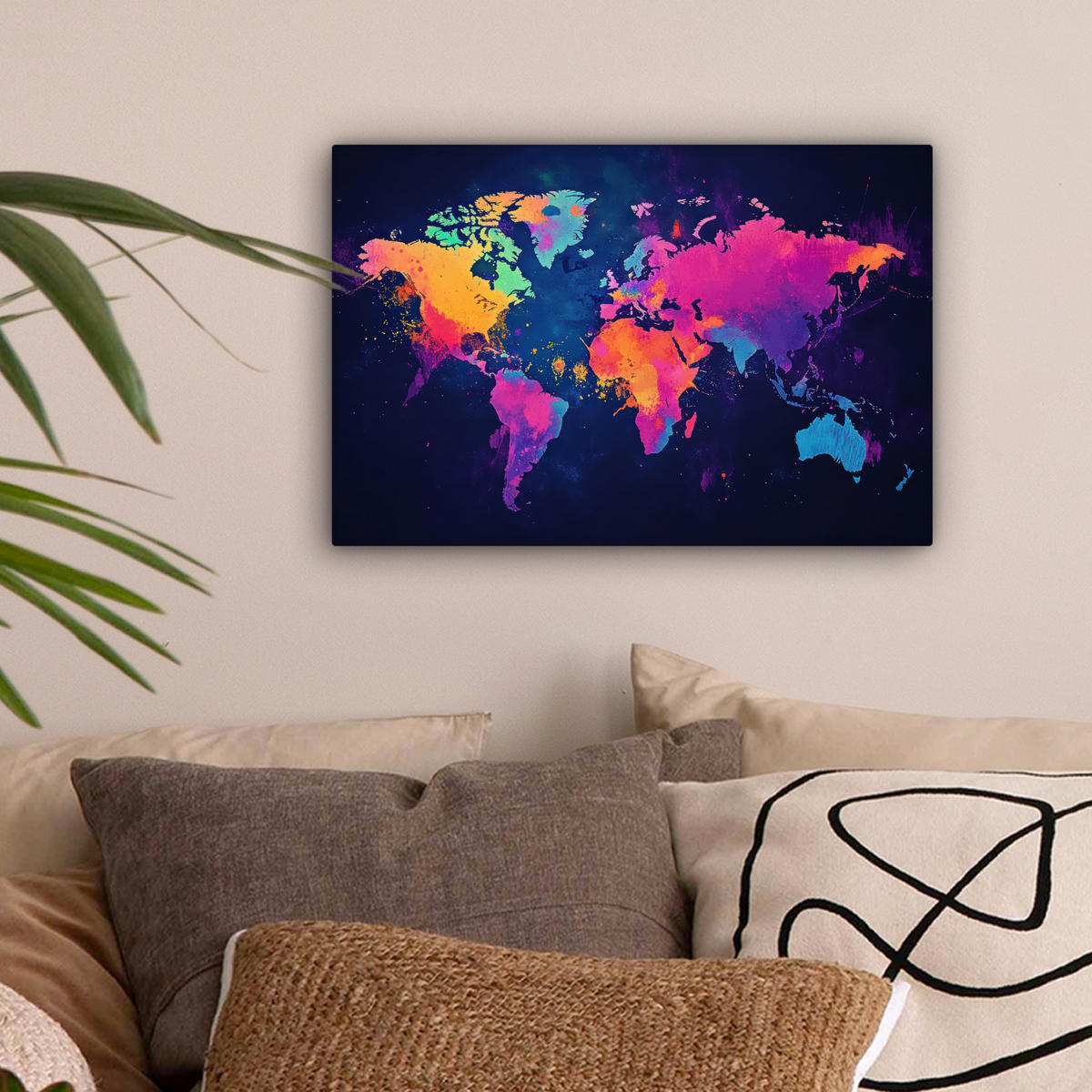 LEINWANDBILD Weltkarte - Bunt - Graffiti Deko Schlafzimmer 30x20 cm - Multicolor, Textil (30/20cm) - MuchoWow