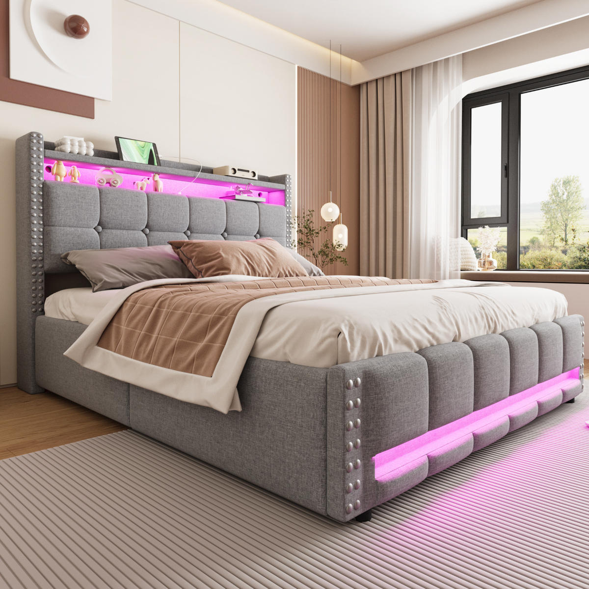 TAPECIRANI krevet 160/200 cm svijetlosivi od lana s LED rasvjetom, USB priključkom i spremištem - svijetlo siva, tekstil (160/200cm) - OKWISH