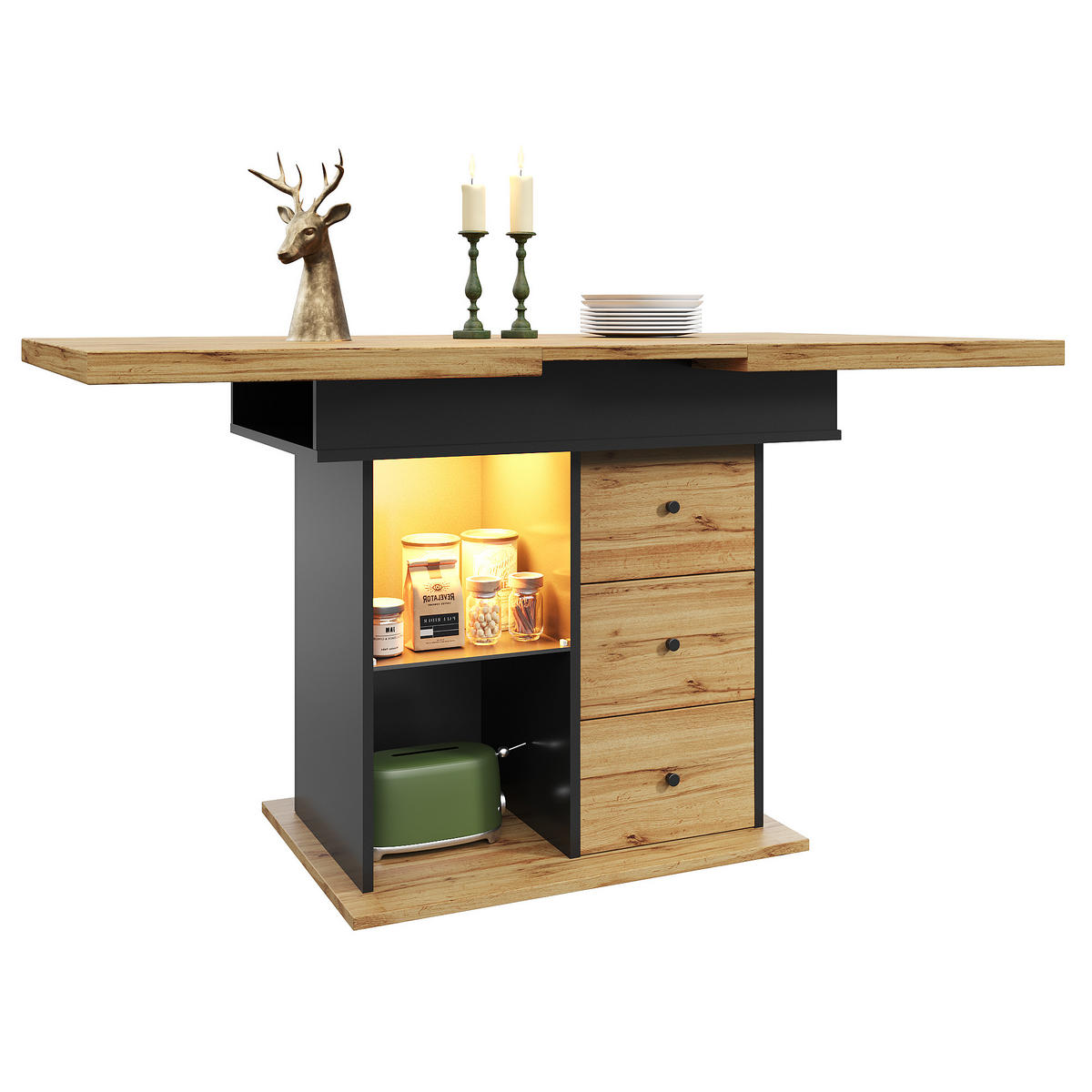 ESSTISCH 110-140x80x75 cm in Natur und Schwarz aus MDF mit LED-Beleuchtung ausziehbar - Naturfarben, Holzwerkstoff (140/80/75cm) - Modfu