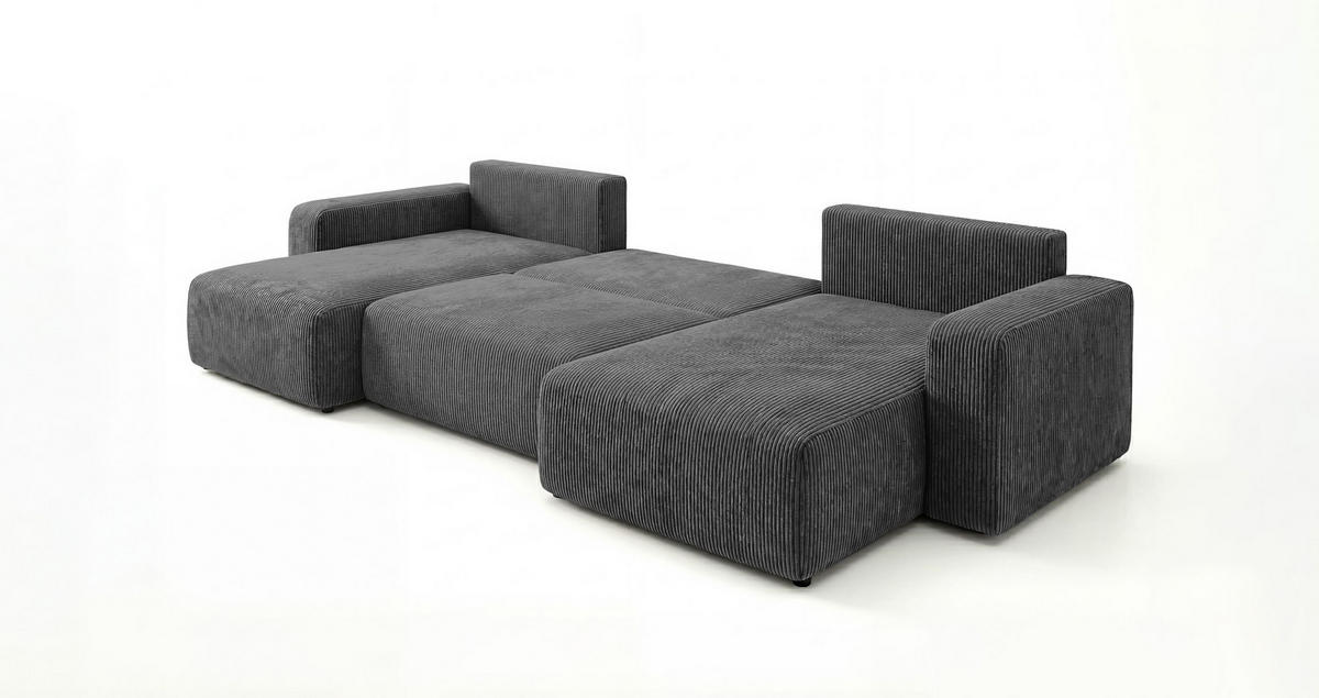 WOHNLANDSCHAFT BERLIN U-Form dunkelgrau Cord Poso 60 - Schlaffunktion, Bettkasten - Anthrazit, Textil (385/86/185cm) - Cornero
