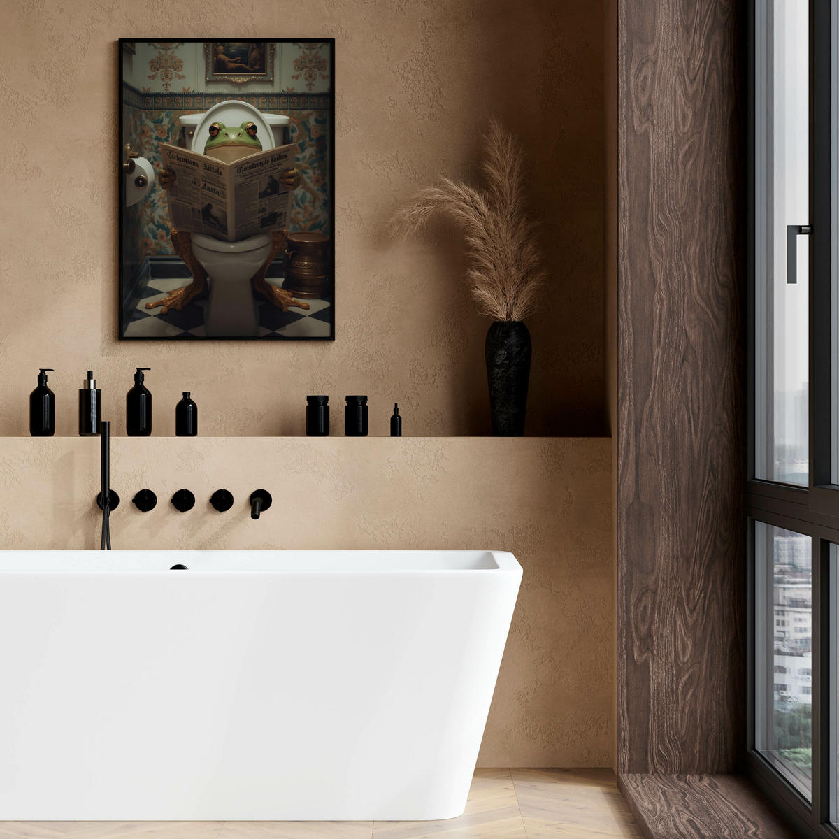 POSTER für WC Badezimmer FROSCH in Toilette Retro Zeitung Abstraktion 50x70cm - Beige/Schwarz, Papier (50/70/70cm) - Muralo