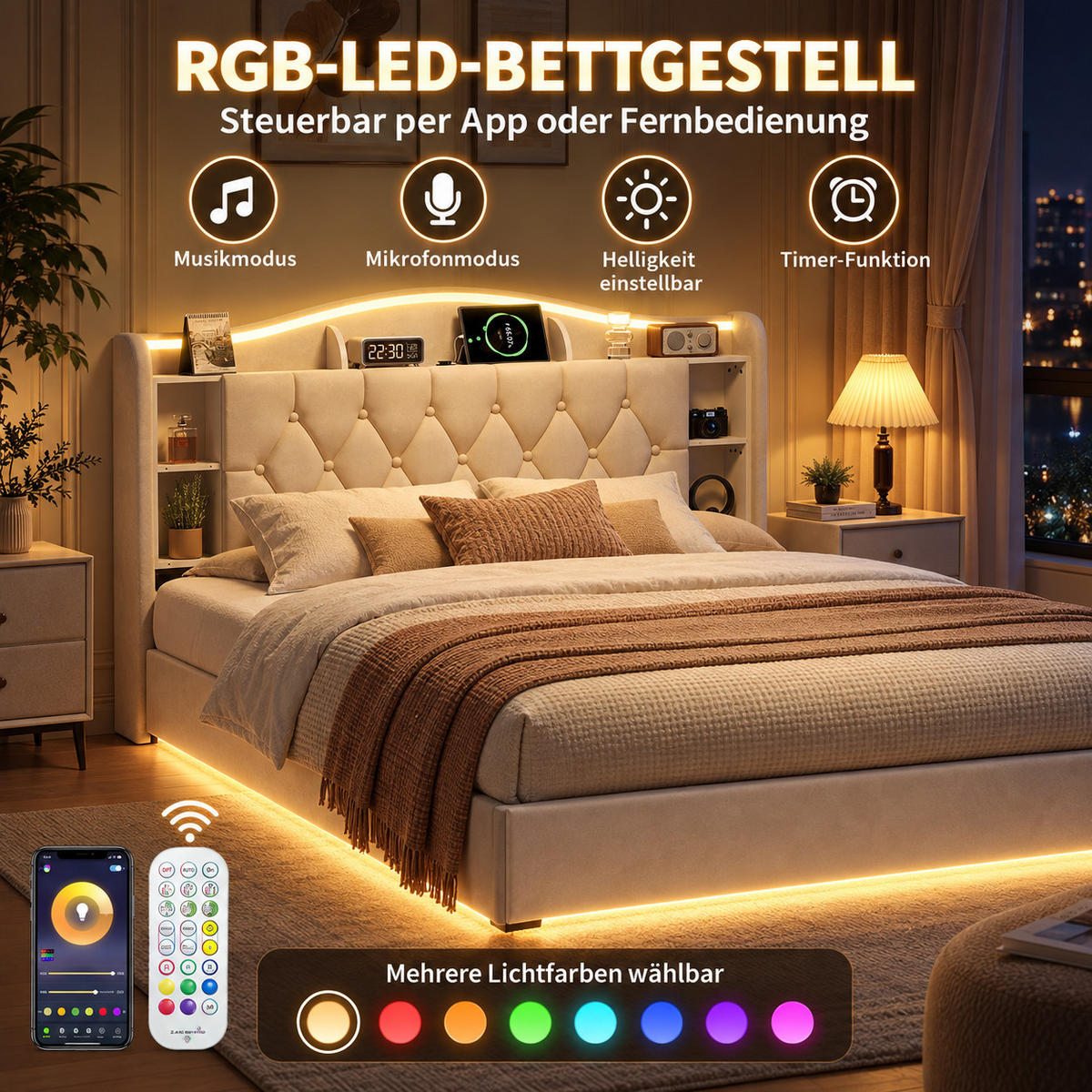 POLSTERBETT 160/200 cm mit Stauraum-Bettkasten, Ablagekopfteil mit Fächern, mehrfarbigem LED & USB, beiger Stoffbezug - Beige, Holz/Metall (160/200cm) - Joyfair