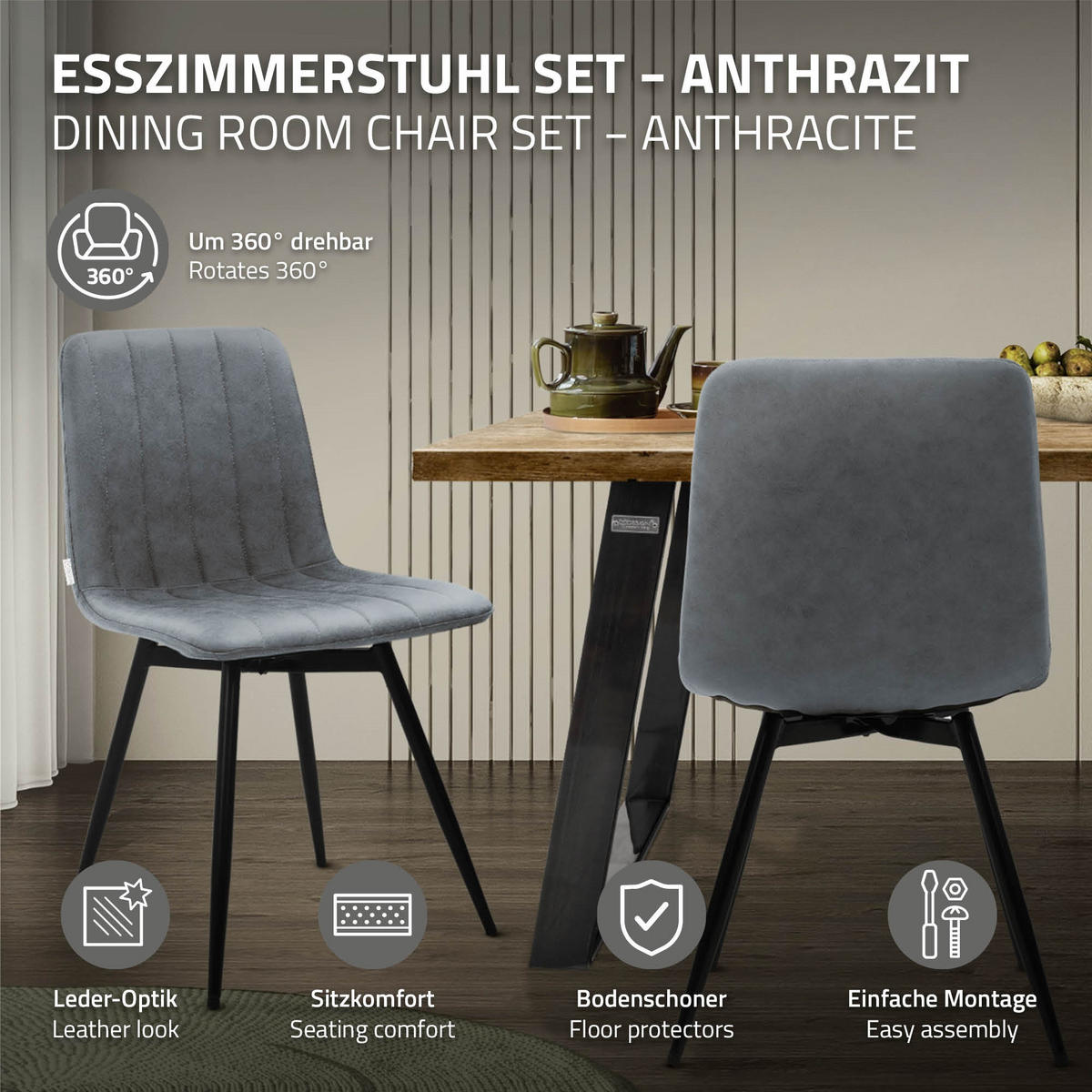 ESSZIMMERSTÜHLE 2er Set drehbar Küchenstühle gepolstert aus Kunstleder Anthrazit - Anthrazit/Schwarz, Textil/Metall (43/81/52cm) - ML-DESIGN