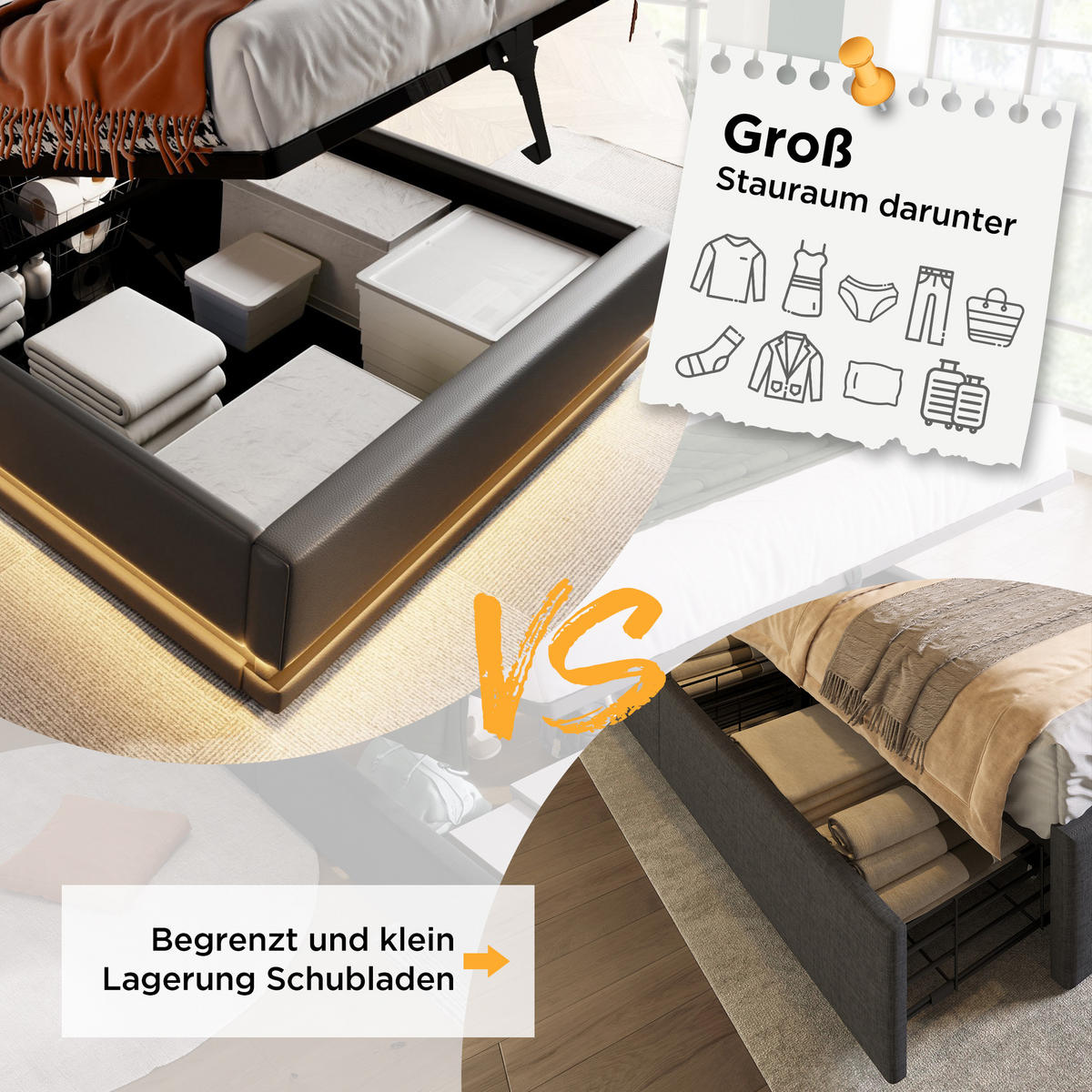 POLSTERBETT 90/200 cm in Schwarz mit Bettkasten, LED und USB und Type-C - Schwarz, Holzwerkstoff/Textil (90/200cm) - WISHDOR