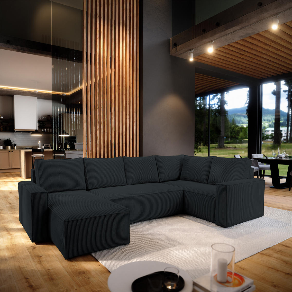 WOHNLANDSCHAFT NORENA R-S Schwarz Kordstoff mit Schlaffunktion - Schwarz, Holz (295/85/157.5cm) - MASSENO