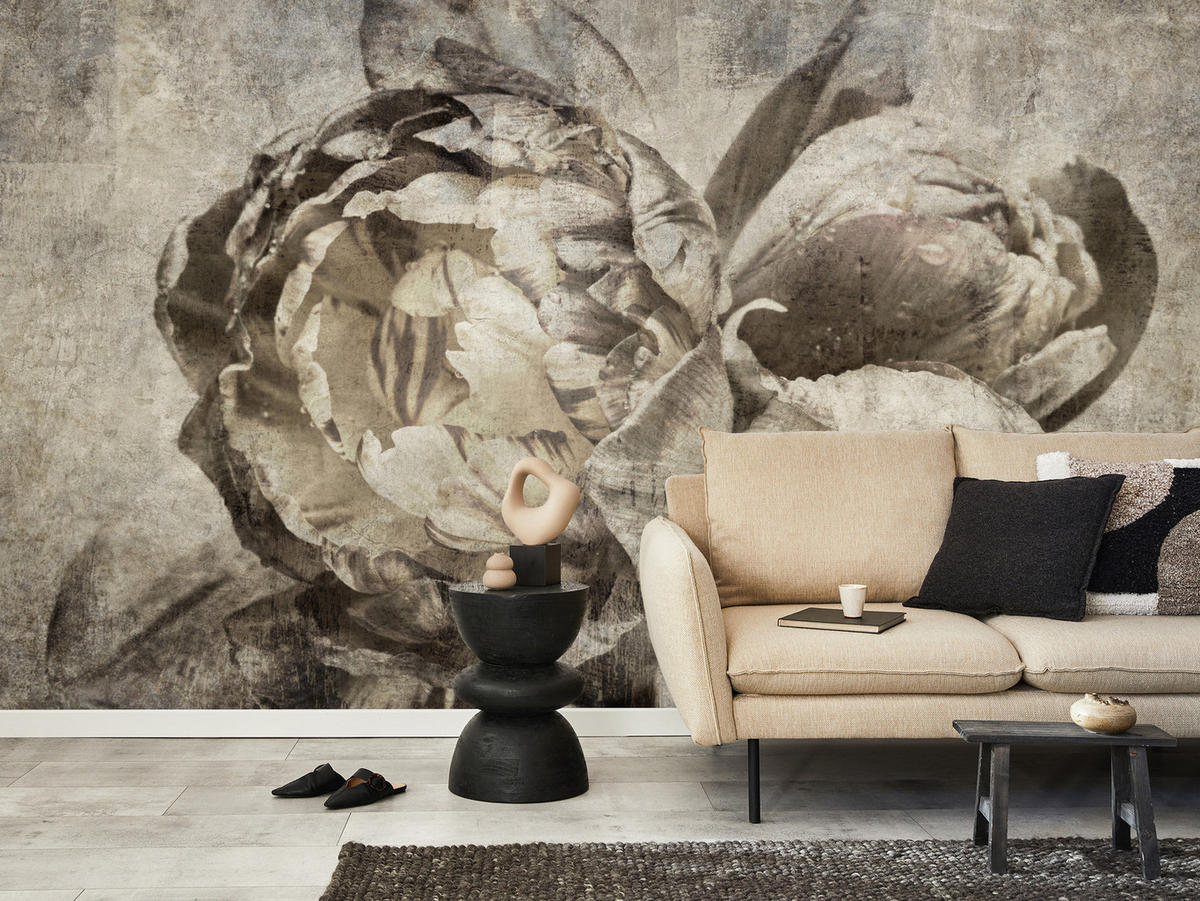 FOTOTAPETE Pfingstrosen Blumen Beton Vintage 250x175 - Beige/Braun, Papier (250/175cm) - Muralo