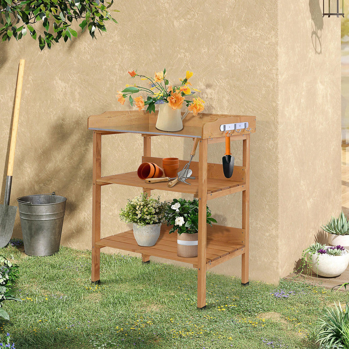 PFLANZTISCH Gärtnertisch Blumentisch mit Metall Arbeitsfläche Garten Holz Natur - Fichtefarben, Holz (76/37/89cm) - Outsunny