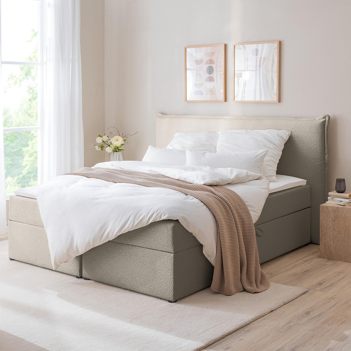 BOXBETT mit Stauraum - Bouclé - Grau, Holzwerkstoff/Textil (200/200cm) - home24
