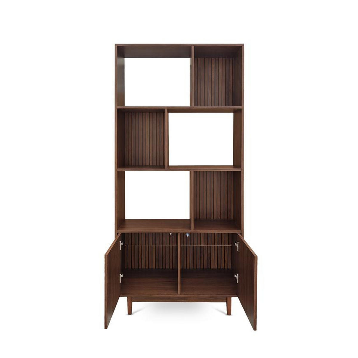 BÜCHERREGAL Skandinavisches, 180 cm hoch, mit 2 Türen und 6 Regalböden, Walnuss-Finish – LILA - Salbeigrün/Walnussfarben, Holzwerkstoff/Metall (80/179/30cm) - Sicaan