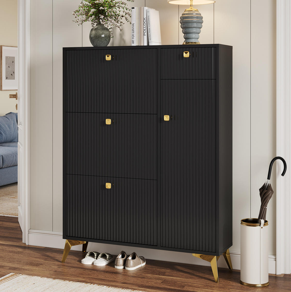 SCHUHSCHRANK 90/25/121 cm in Schwarz mit 3 Klappen, Schublade und Tür - Schwarz, Holzwerkstoff (90/121/25cm) - Flora Grace