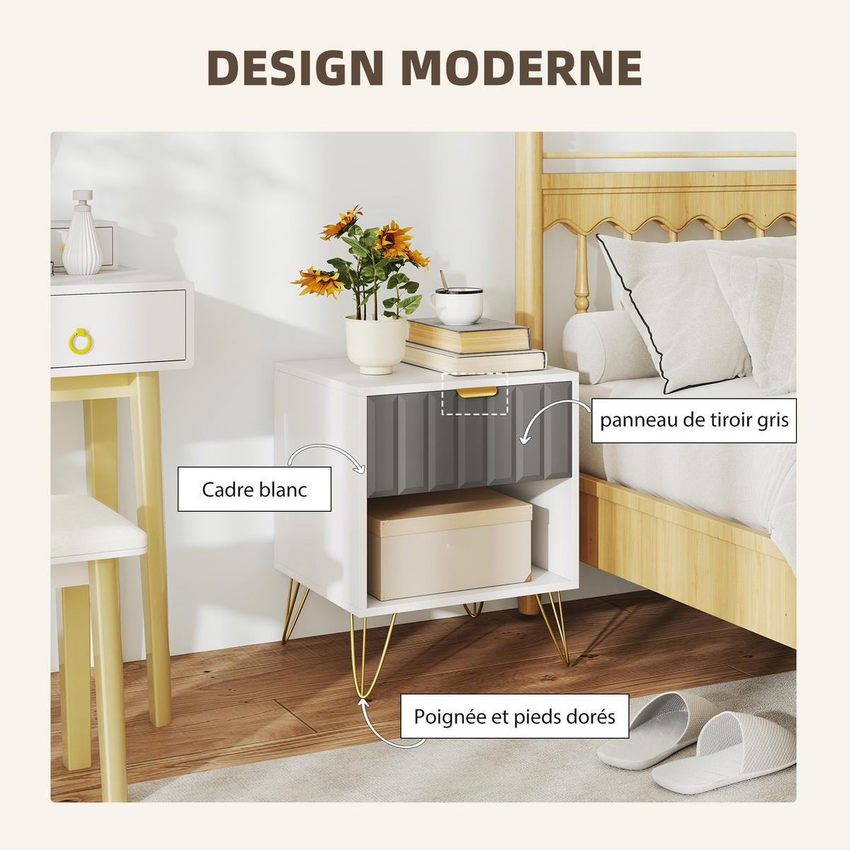 NACHTSCHRANK DE-12912 Schublade und offenes Fach, Stahlfüße Weiß - Weiß, Holzwerkstoff (40/55/45cm) - ComfortXL