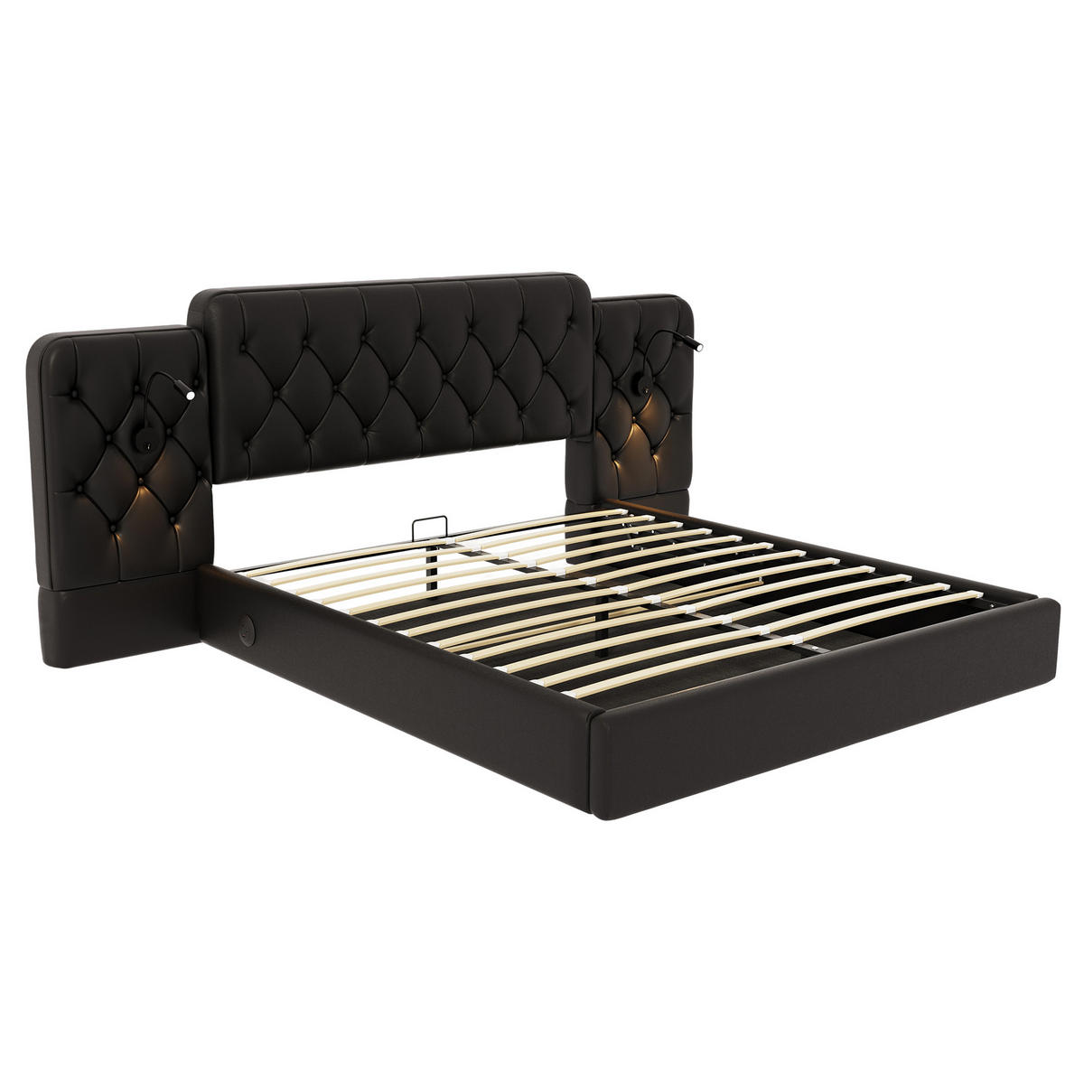 BOXBETT Polsterbett 180x200cm mit Bettkasten & Lattenrost, Kunstleder Doppelbett mit Leselampe, USB, Verlängertes Kopfteil, Schwarz - Schwarz, Holz/Textil (180/200cm) - LVHOM