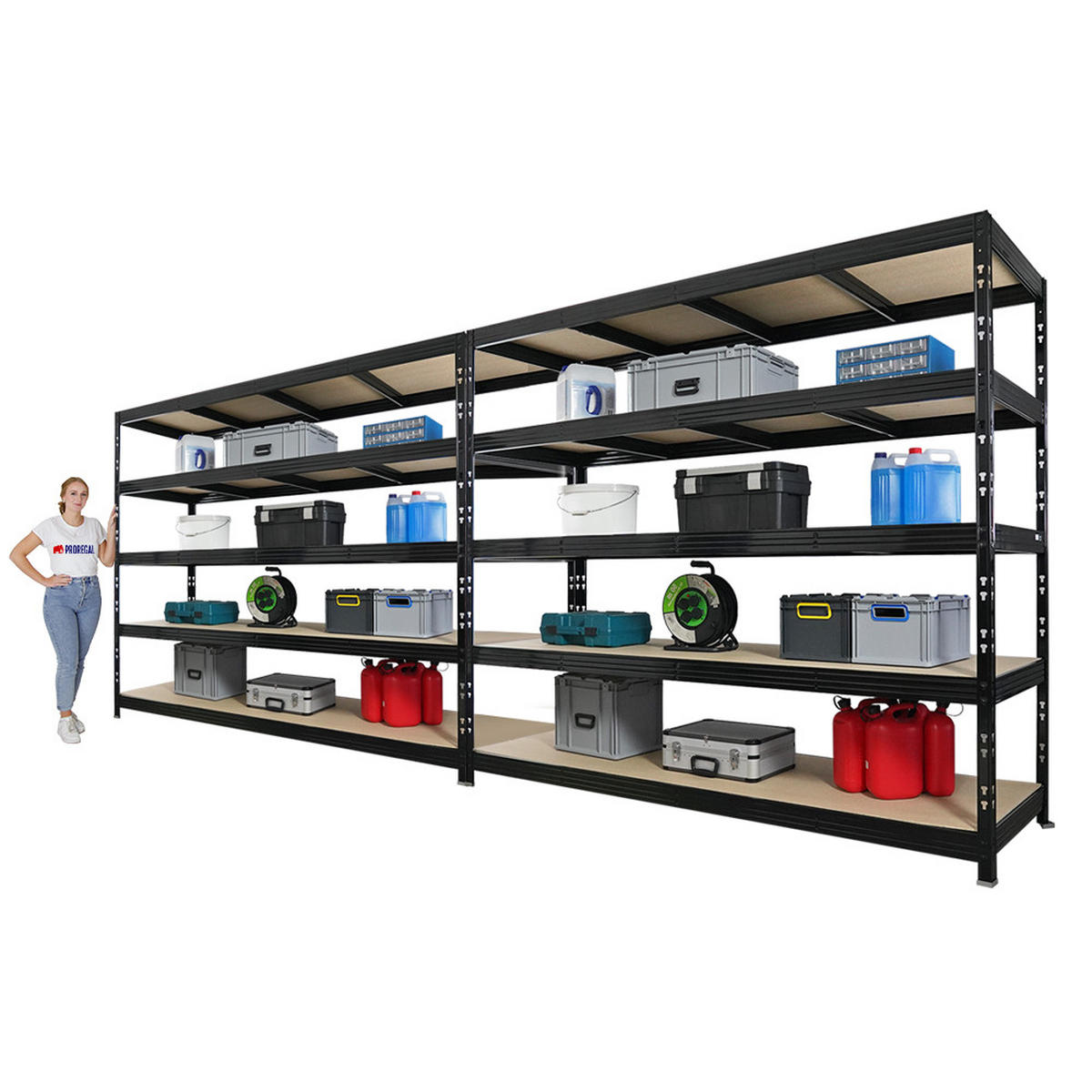 SCHWERLASTREGAL Rhino 2er-Set 200x240x70 cm 5 Spanplatten-Ebenen 8mm Fachlast 450 kg Schwarz - Schwarz, Metall (480/200/70cm) - PROREGAL