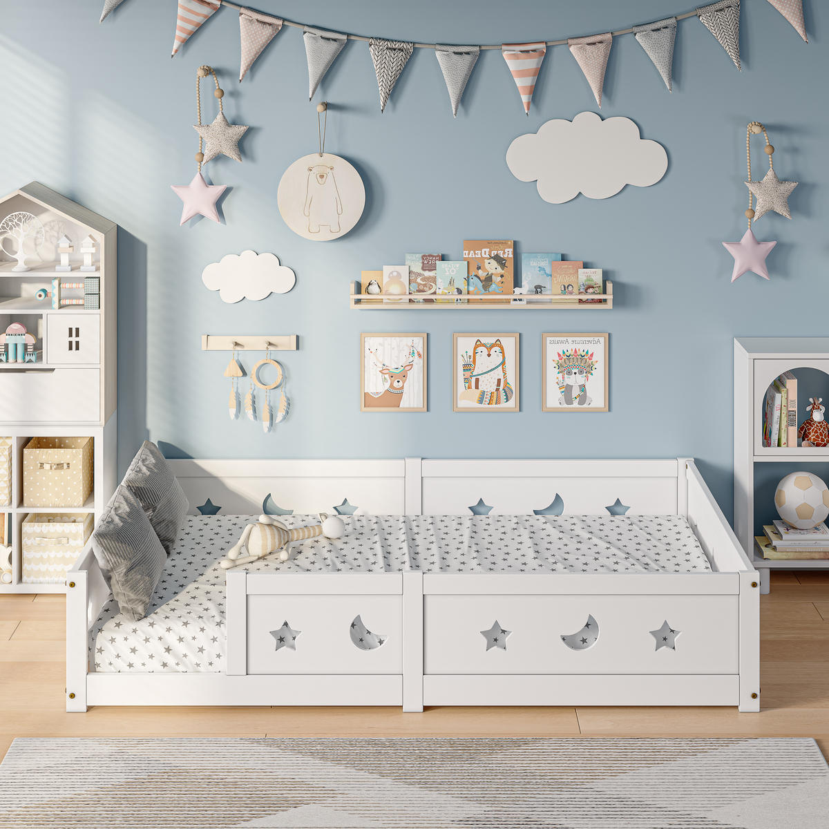 KINDERBETT 120x200 cm Massivholz Lattenrost Stern Mond weiß - Weiß, Holz (120/200cm) - LEBENLANG