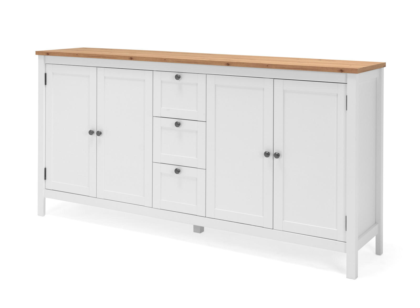 SIDEBOARD weiß Landhaus mit Eiche Artisan 180 x 90 cm, Kommode 4-türig - Silberfarben/Weiß, Holzwerkstoff/Kunststoff (180/90/40cm) - Furn.Design