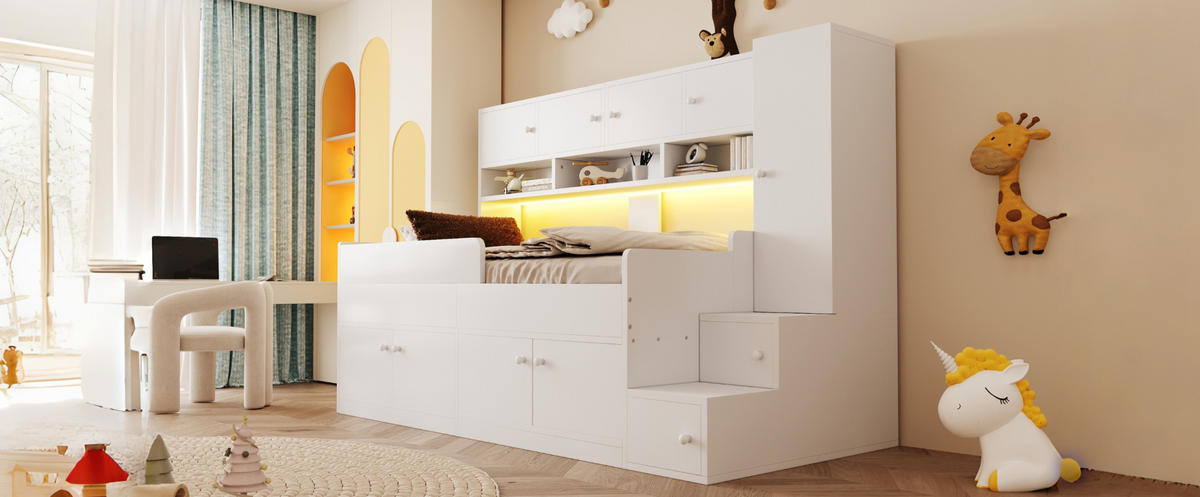 KINDERBETT 90/200 cm Weiß aus Holz mit Stauraum und LED-Beleuchtung - Weiß, Holz (90/200cm) - OKMYHOME