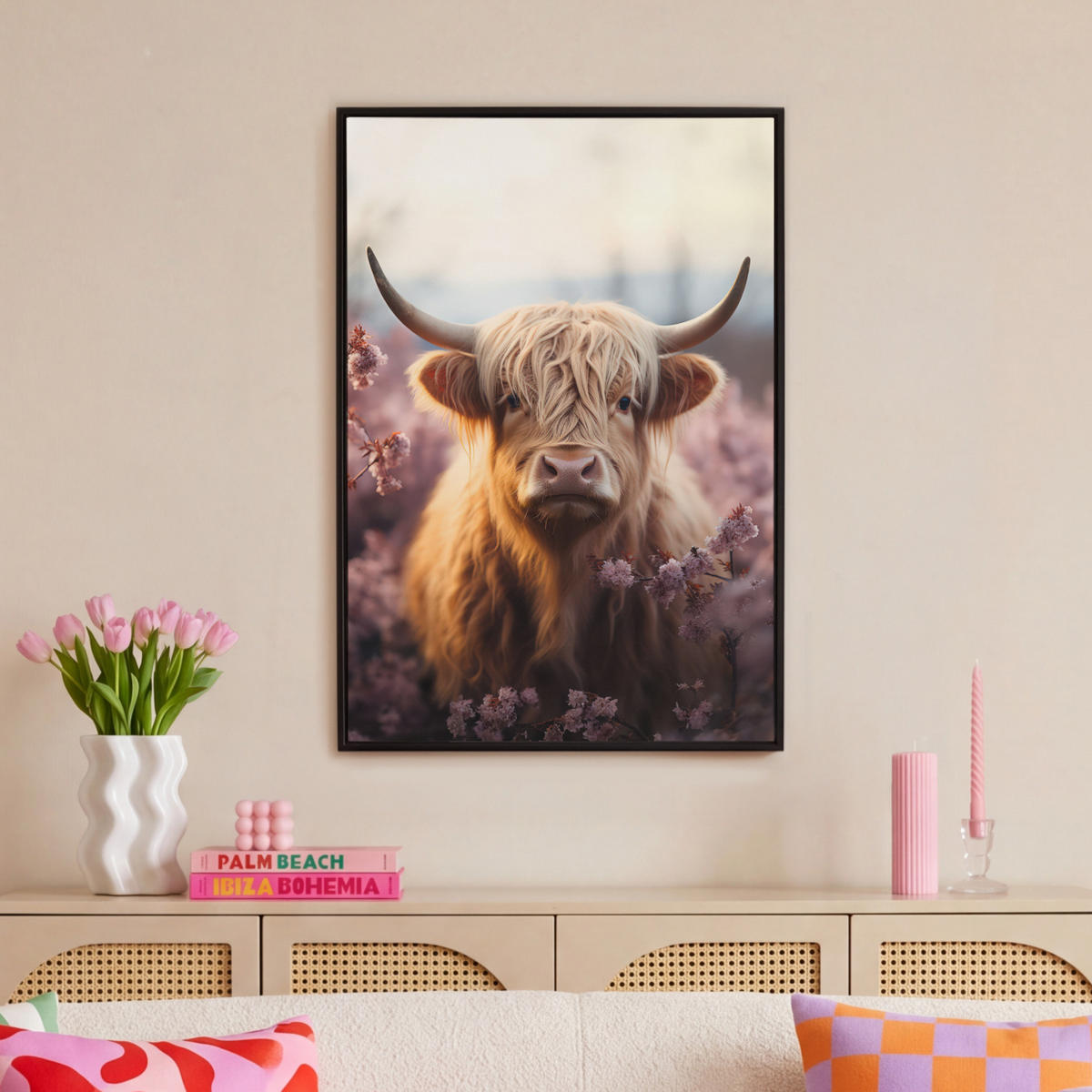 LEINWAND Bilder mit Rahmen - Schottischer Hochländer - Frühling - Hochland - 60x90 - Hellrosa, Textil (60/90cm) - MuchoWow