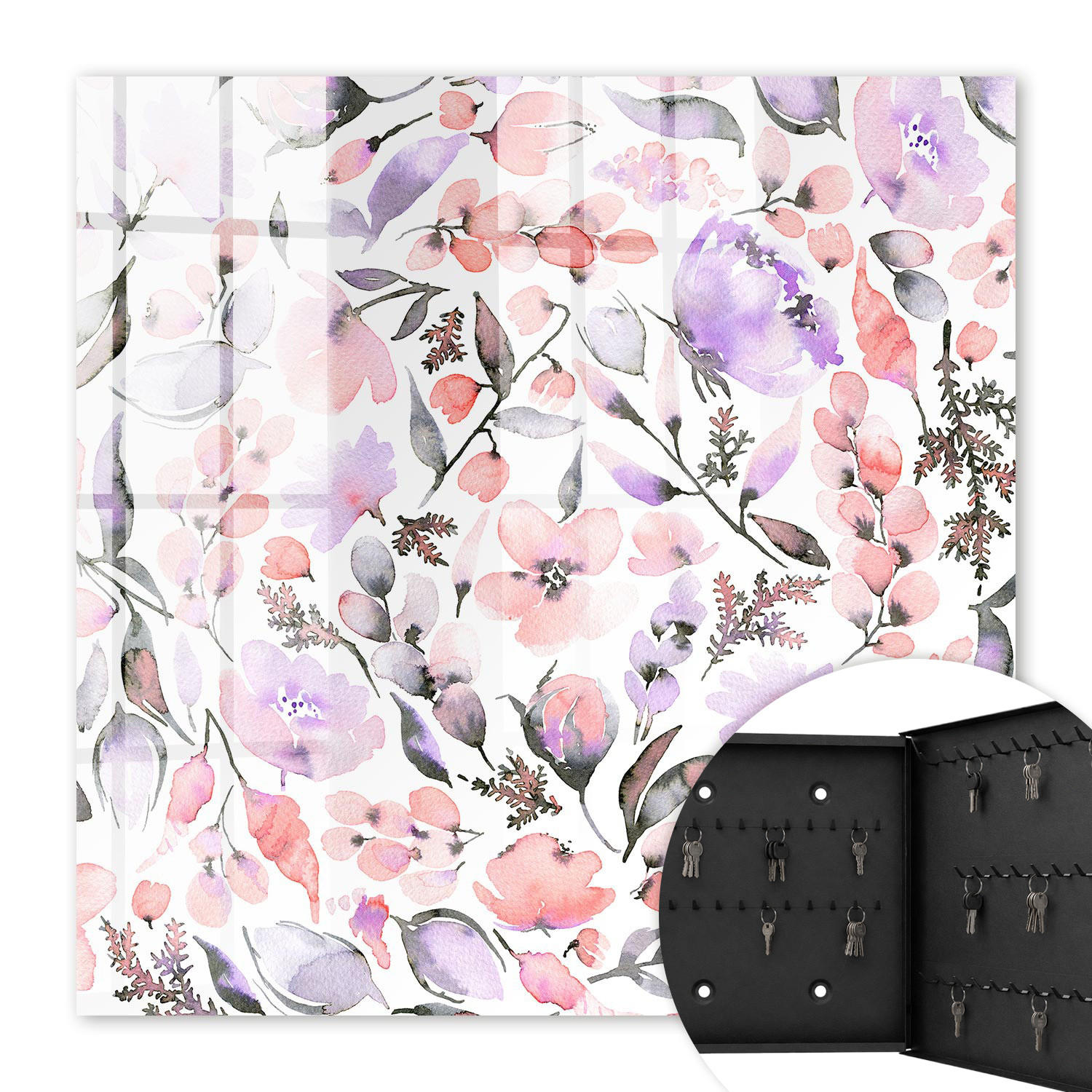 SCHLÜSSELBOX Schwarz 30x30 cm- Türöffnung nach rechts - Pastellblumen - Weiß, Metall (30/30/5cm) - TULUP