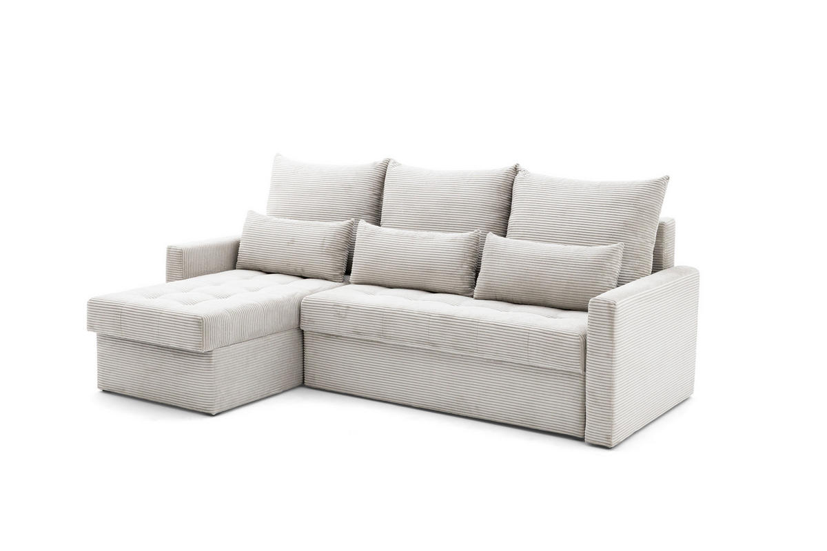ECKSOFA PULA L Links mit Schlaffunktion 132x198 Cord Creme - Creme/Schwarz, Holz/Kunststoff (214/145cm) - NACANAPA