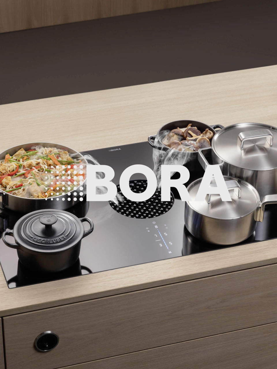 BORA Dunstabzug von unten Kochfeld mit Töpfen