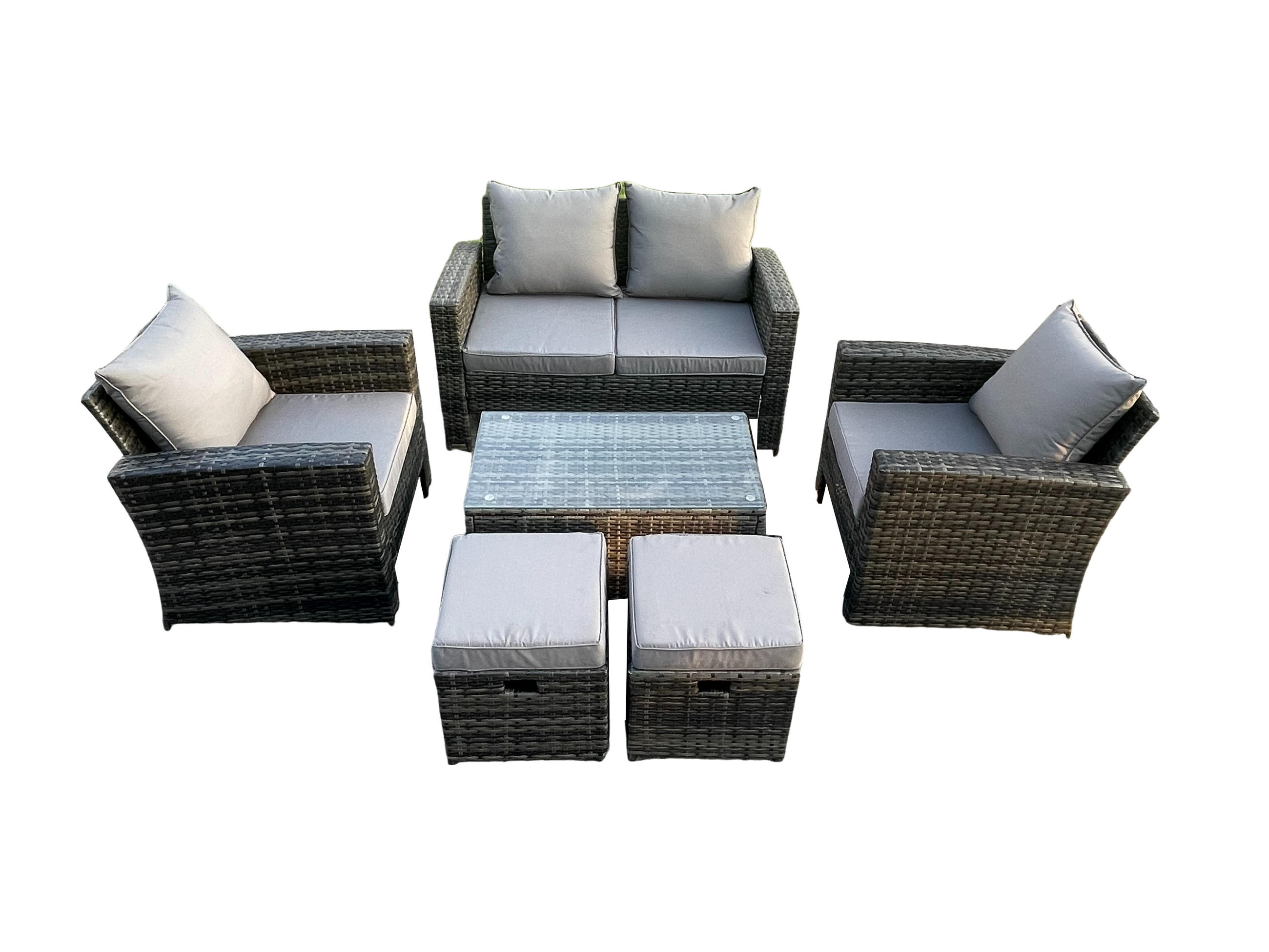 GARTENSOFA SET mit Couchtisch Polyrattan Dunkelgrau 6-Sitzer - Dunkelgrau, Metall - Fimous