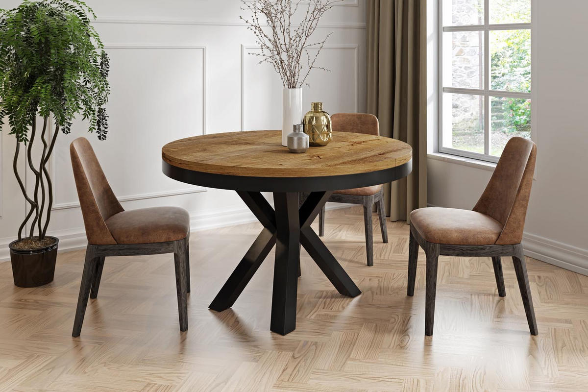 ESSTISCH Clara runder ausziehbarer, Lefkas Eiche 120-200/120/76 cm - Alteiche/Schwarz, Holzwerkstoff/Metall (120/120/76cm) - WFL GROUP