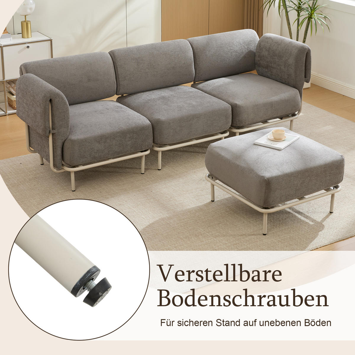 ECKSOFA 251/155/78 cm Grau Chenille mit 1 Fußhocker - Grau, Textil (155/251cm) - Oxeza