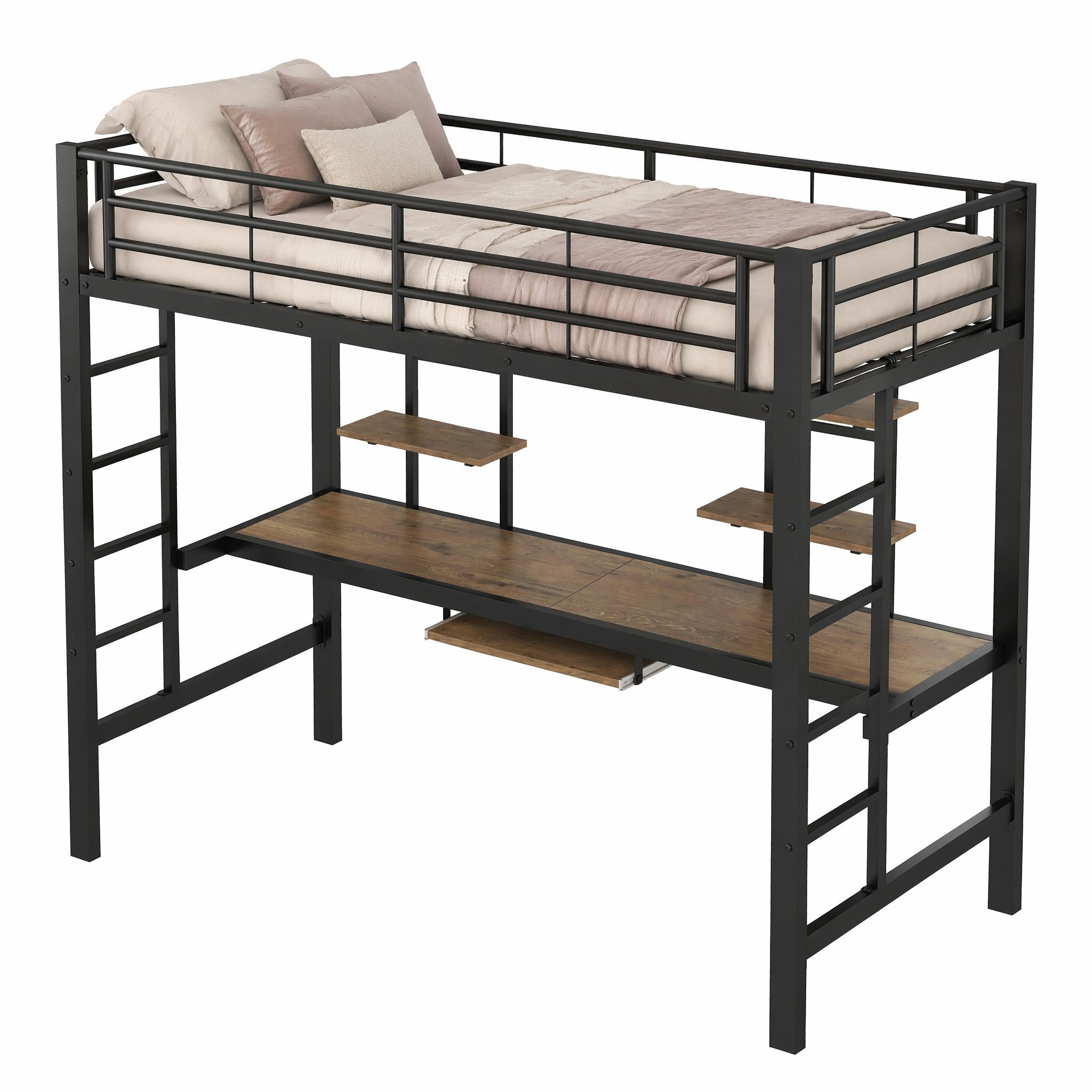 HOCHBETT 90/200 cm in Schwarz Metallbett mit Schreibtisch und 2 Regalen im minimalistischen Design - Schwarz, Holz/Metall (90/200cm) - STILVORA