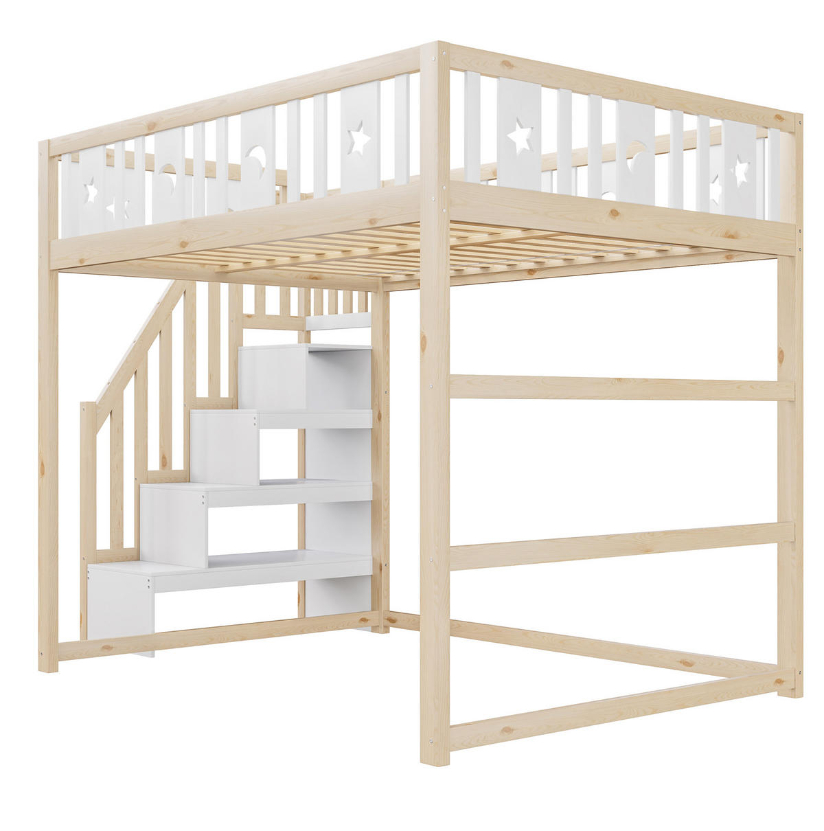 HOCHBETT 140/200 cm aus Massivholz mit Treppe und Regalen Weiß/Natur - Naturfarben, Holz (140/200cm) - Modenvie