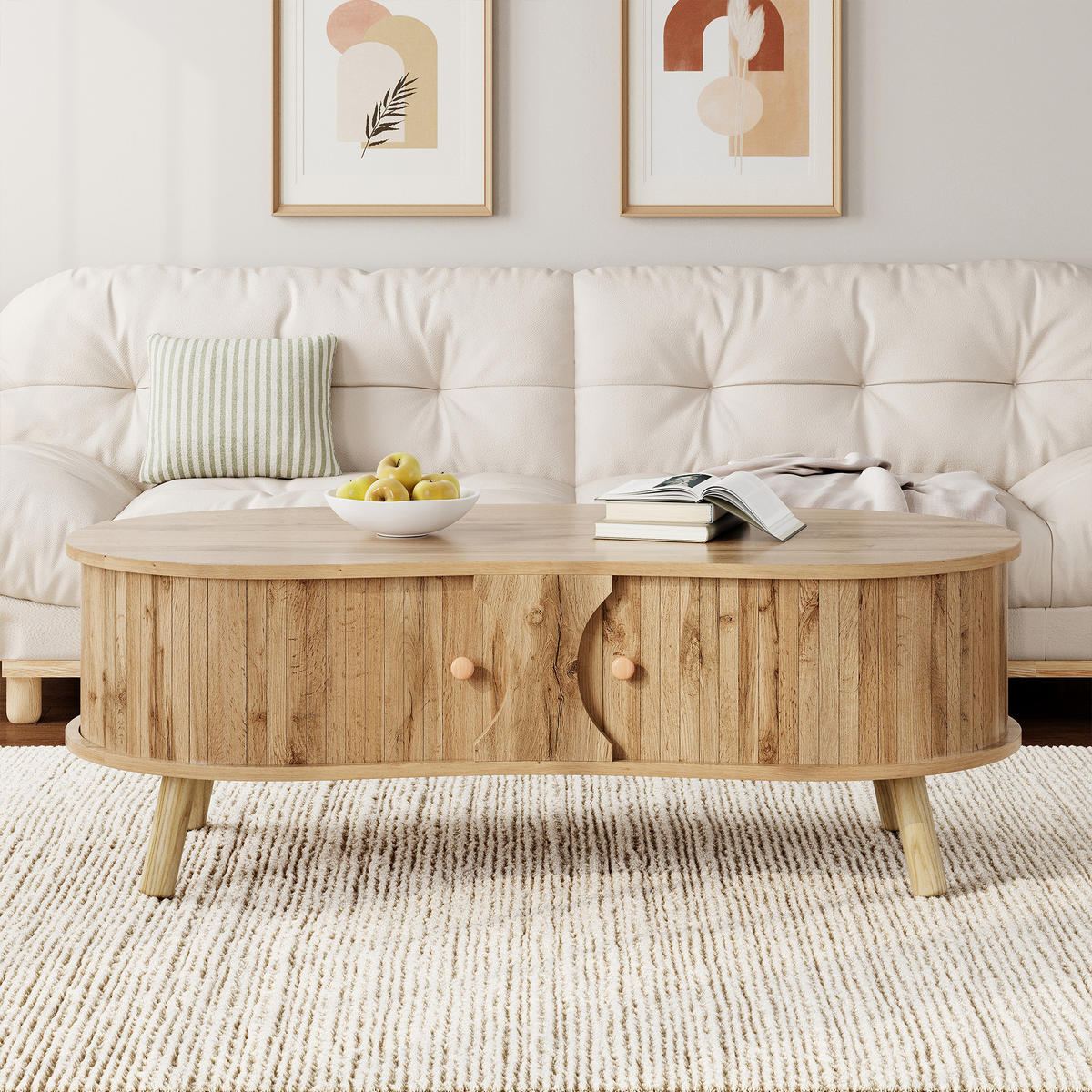 COUCHTISCH organisch Rillenoptik 2 Schiebetüren - Naturfarben, Holz (50/108/37cm) - LEBENLANG