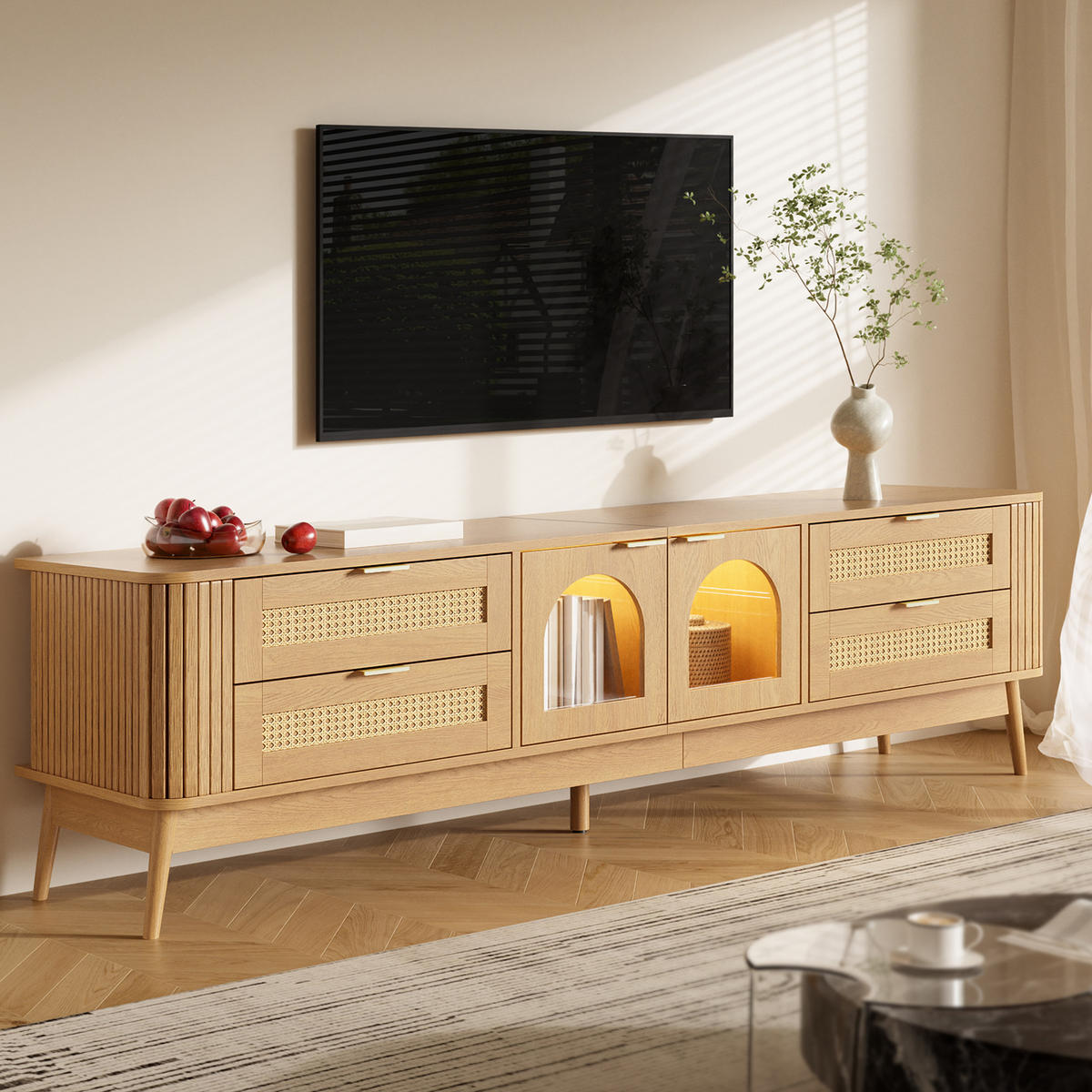 TV-SCHRANK LED Glas Türen Sideboard Massivholzbeine Modern - Naturfarben, Holzwerkstoff (180/50/40cm) - FLIEKS