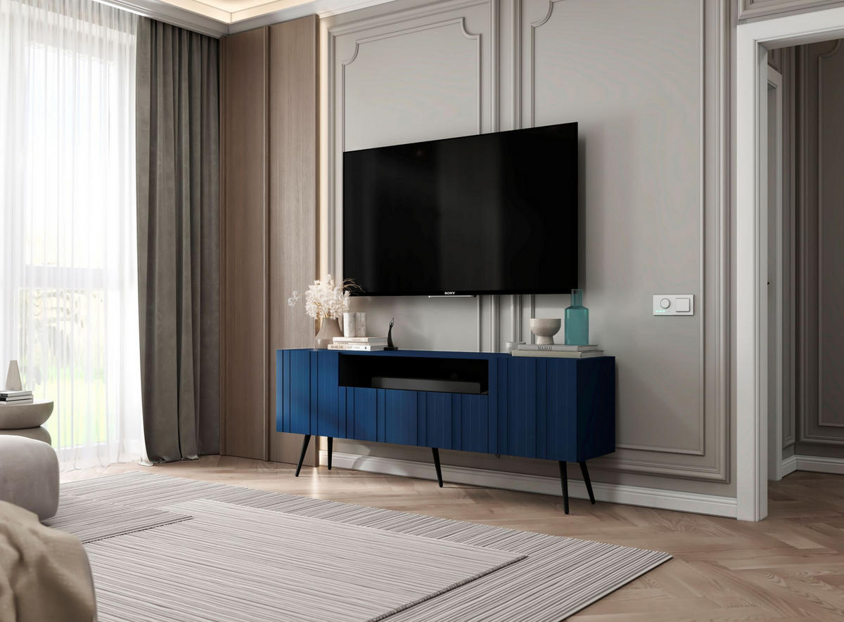 TV-SCHRANK Elpis Marineblau Matt mit Metallbeine Glamour 150 cm - Blau/Schwarz, Holzwerkstoff/Metall (150/60.5/36.5cm) - Meble Lindner