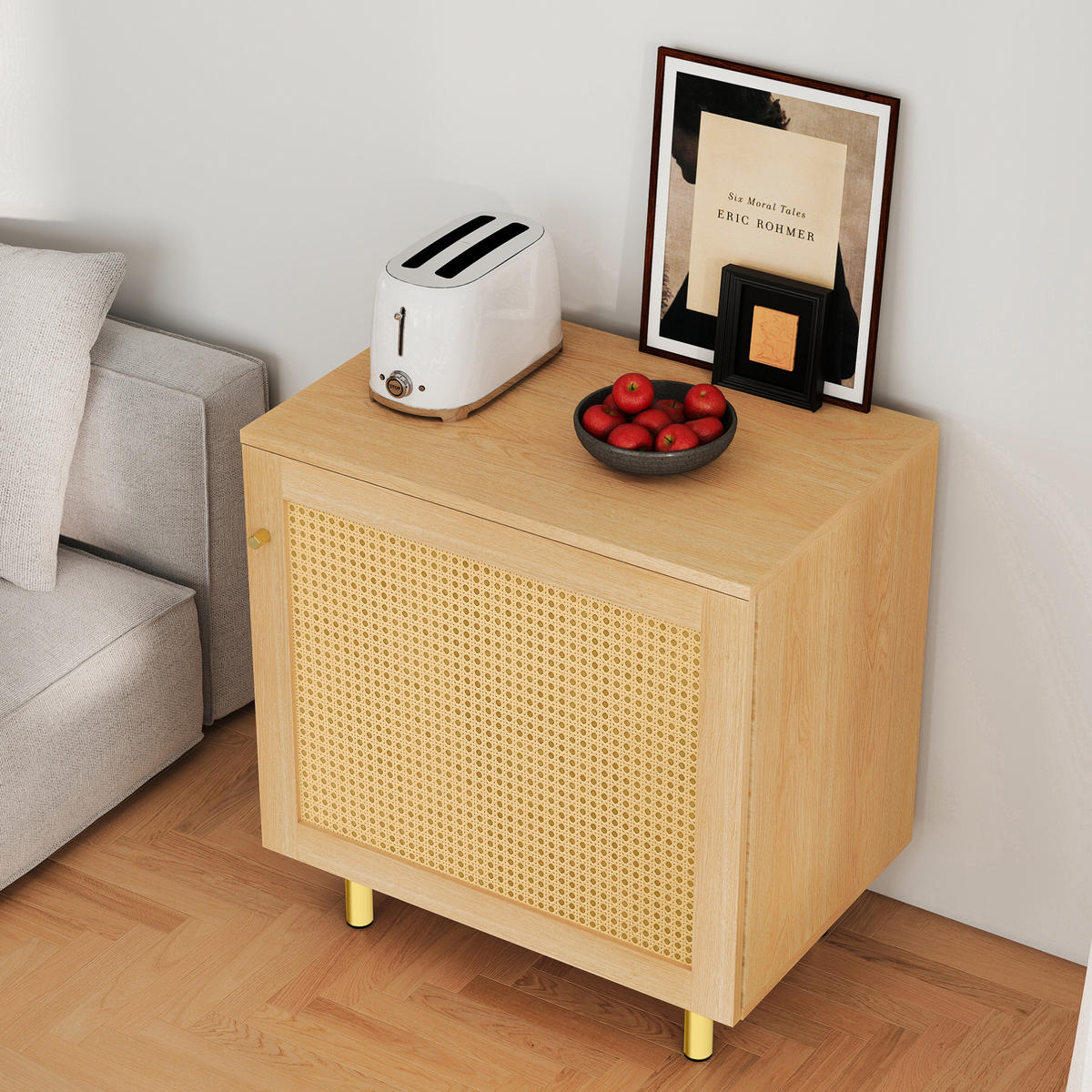 BOČNÍ skříň 60/40/63 cm přírodní z MDF s ratanovými dvířky a zlatými nohami - přírodní, kompozitní dřevo (60/63/40cm) - OKWISH