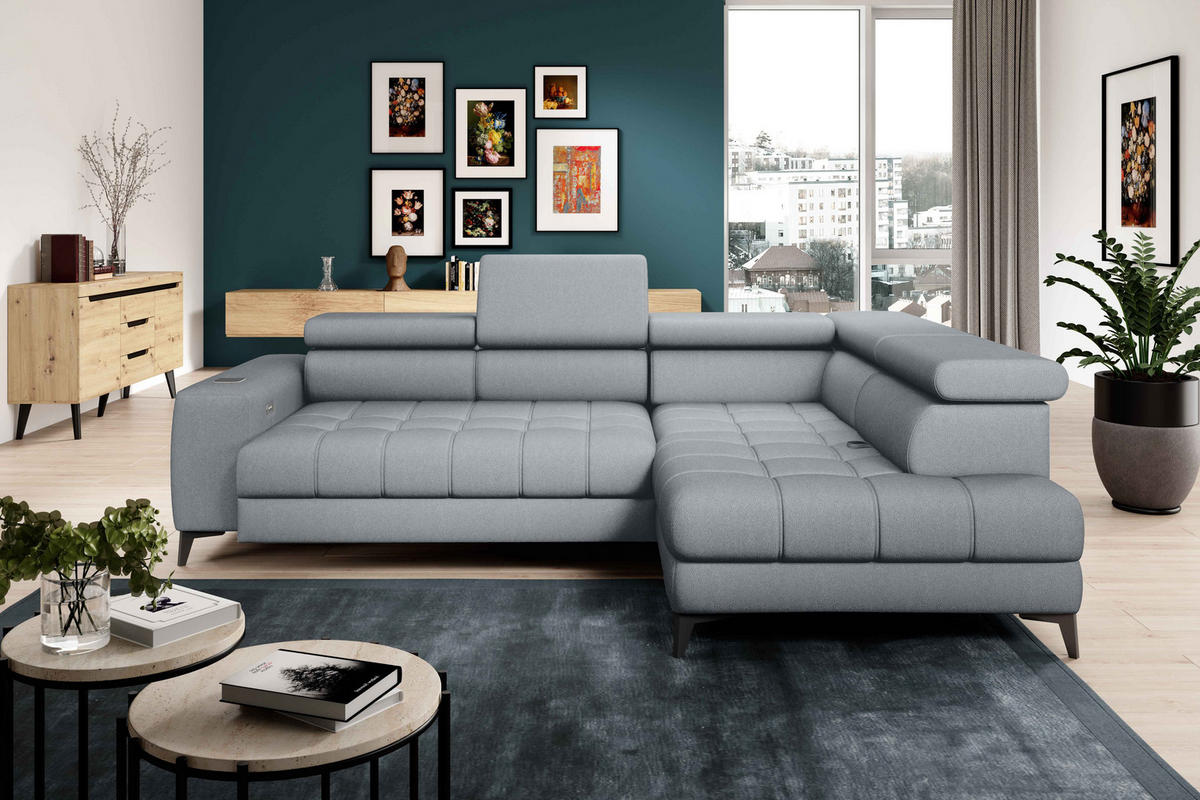 ECKSOFA BAGGIO Letto Stoff, Schlaffunktion, Bettkasten, Sitztiefe, Kopfstützen 280x196cm – Rechts – Hellgrau - Hellgrau, Holz/Textil (280/196cm) - DomoHome