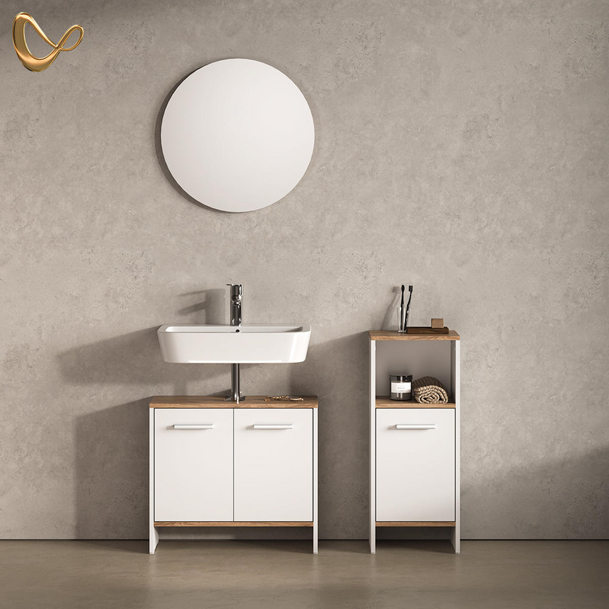 BADEZIMMERMÖBEL-SET Amalfi Weiß/Goldkraft Eiche 2 Teile - Honigeiche/Weiß, Holzwerkstoff (63.8/57/26.3cm) - Livinity®