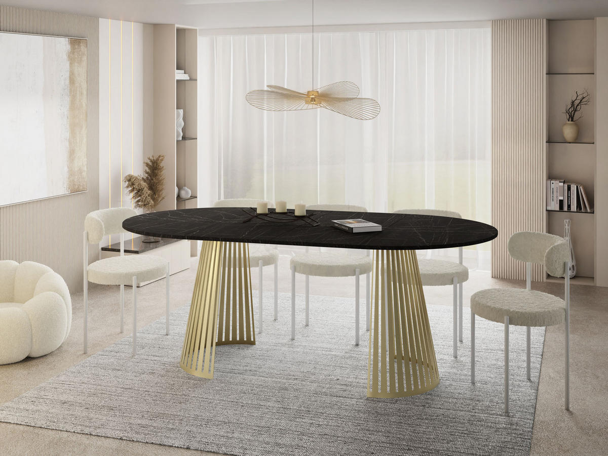 ESSTISCH Naro rund ausziehbar mit Goldenem Lamellen-Metallgestell, Marmor Schwarz 120-200/120/76 cm - Anthrazit/Goldfarben, Holzwerkstoff/Metall (120/120/76cm) - WFL GROUP