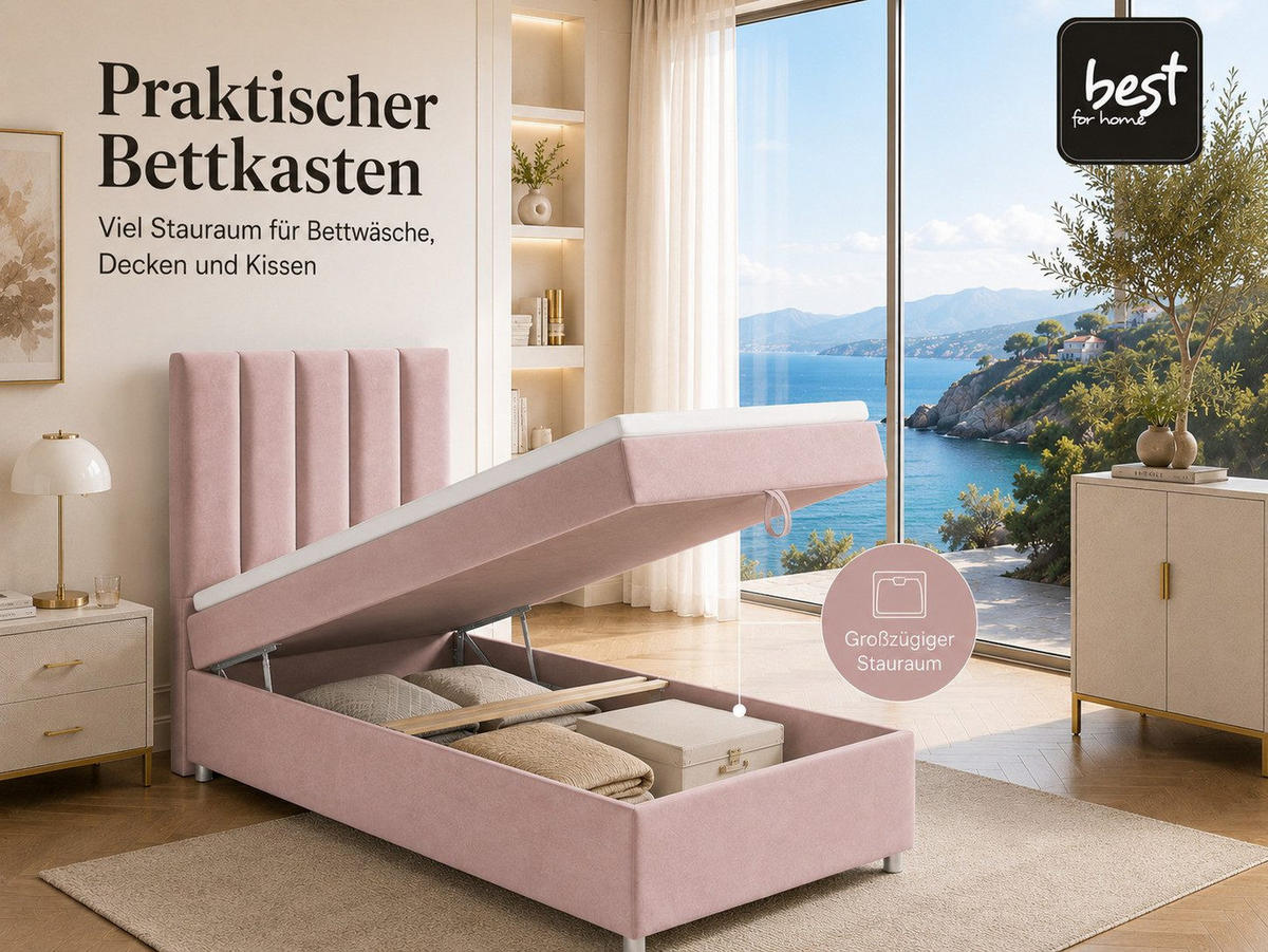 BOXBETT mit Bettkasten Trinity K-10 SINGLE Bonellfederkern inkl. Topper - Rosa, Holz/Holzwerkstoff (90/200cm) - Best For Home