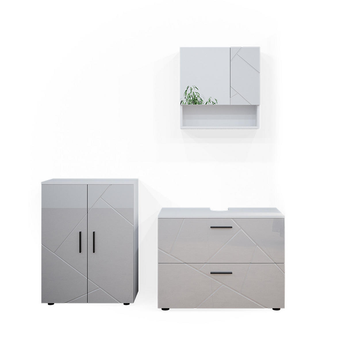 BADMÖBEL-SET Irma Weiß Hochglanz 3 Teile, mit Unterschrank 80 cm - Weiß Hochglanz/Weiß, Holzwerkstoff (80/58/41cm) - Vicco