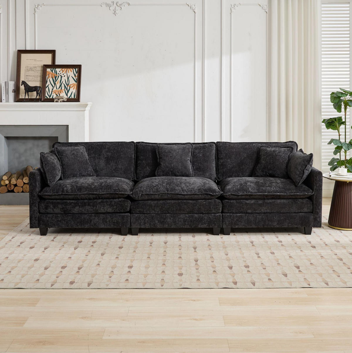 SOFA modular 3-Sitzer Chenille Schwarz - Schwarz, Holz (75/84/289cm) - Meubliv