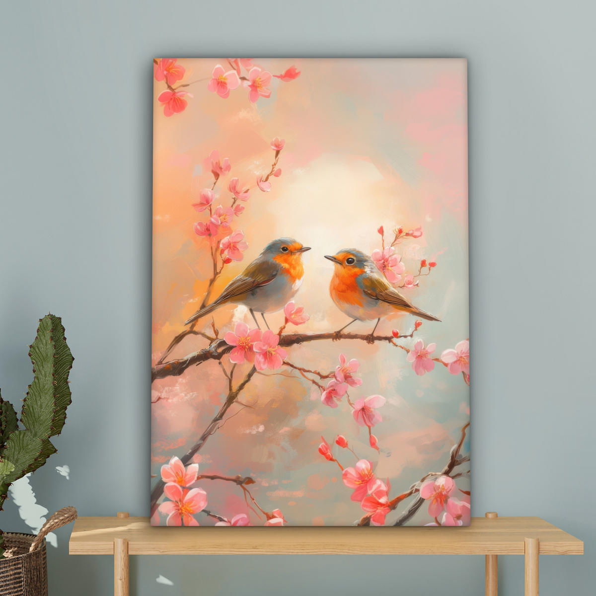 LEINWANDBILD Rotkehlchen - Zierpflanze - Blütenzweig 40x60 cm - Hellrosa, Textil (40/60cm) - MuchoWow