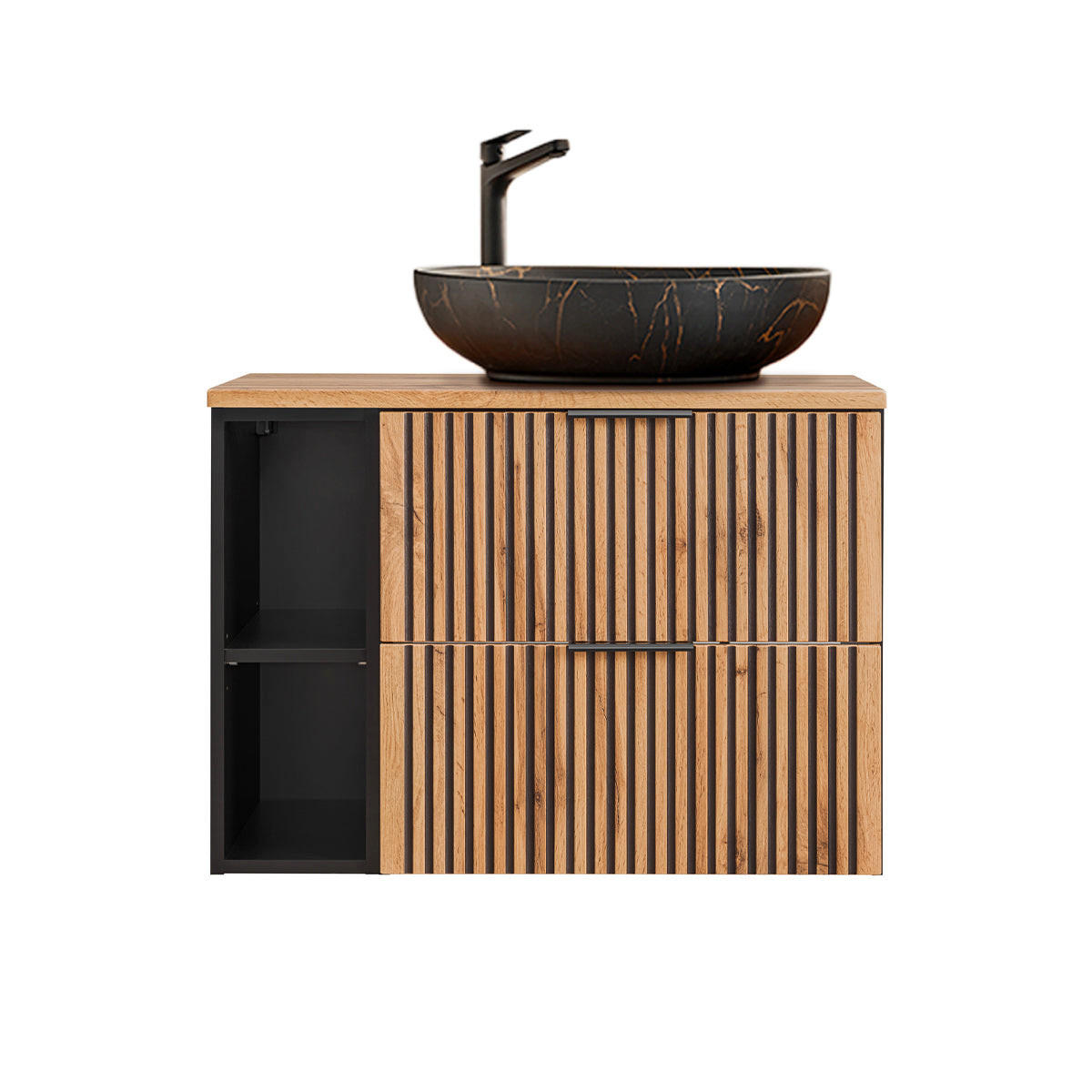 BADMÖBEL 80.6cm Gaia 2er-Set Holz in Eichenoptik und Schwarz - Schwarz, Holzwerkstoff (80.6/59/46cm) - Petits-meubles