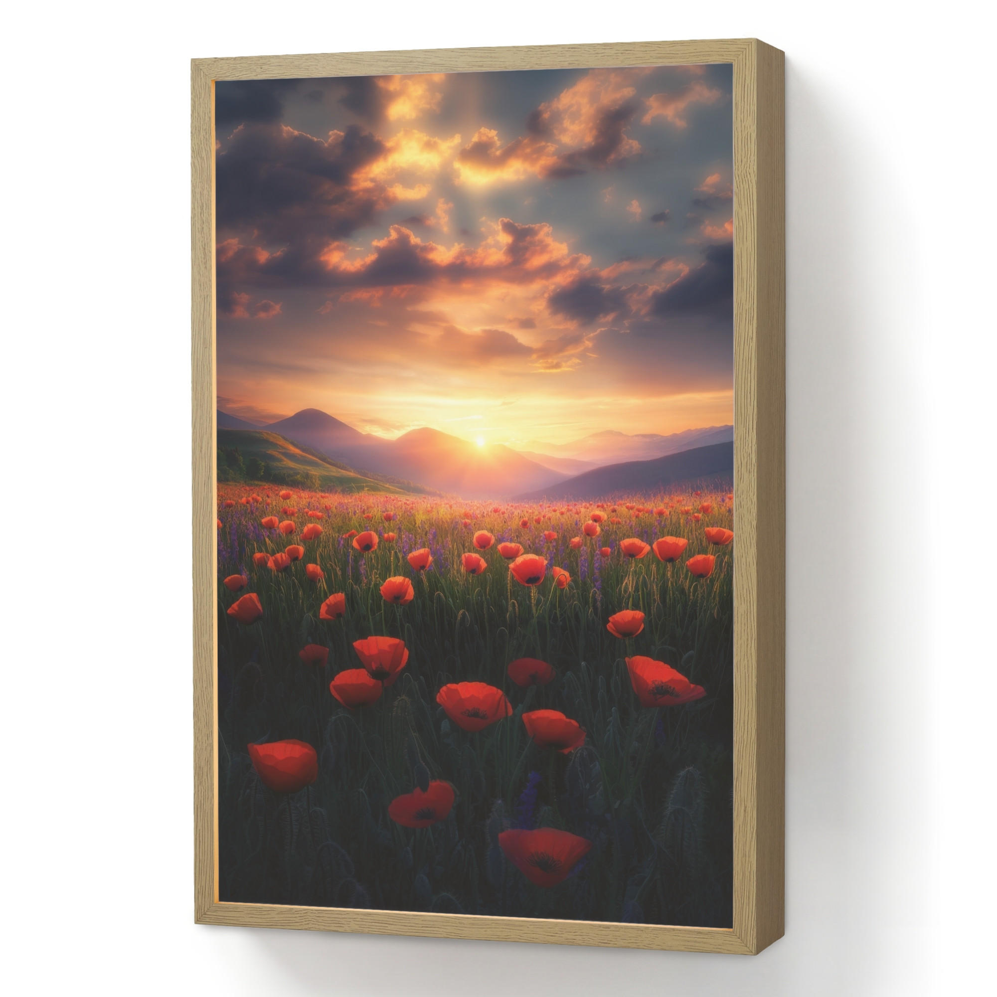 WANDLEUCHTE MIT AKKU Landschaft - Sonnenuntergang - Blumenfeld 40x60 cm - Rot, Holzwerkstoff (40/60/8cm) - OnlyWow